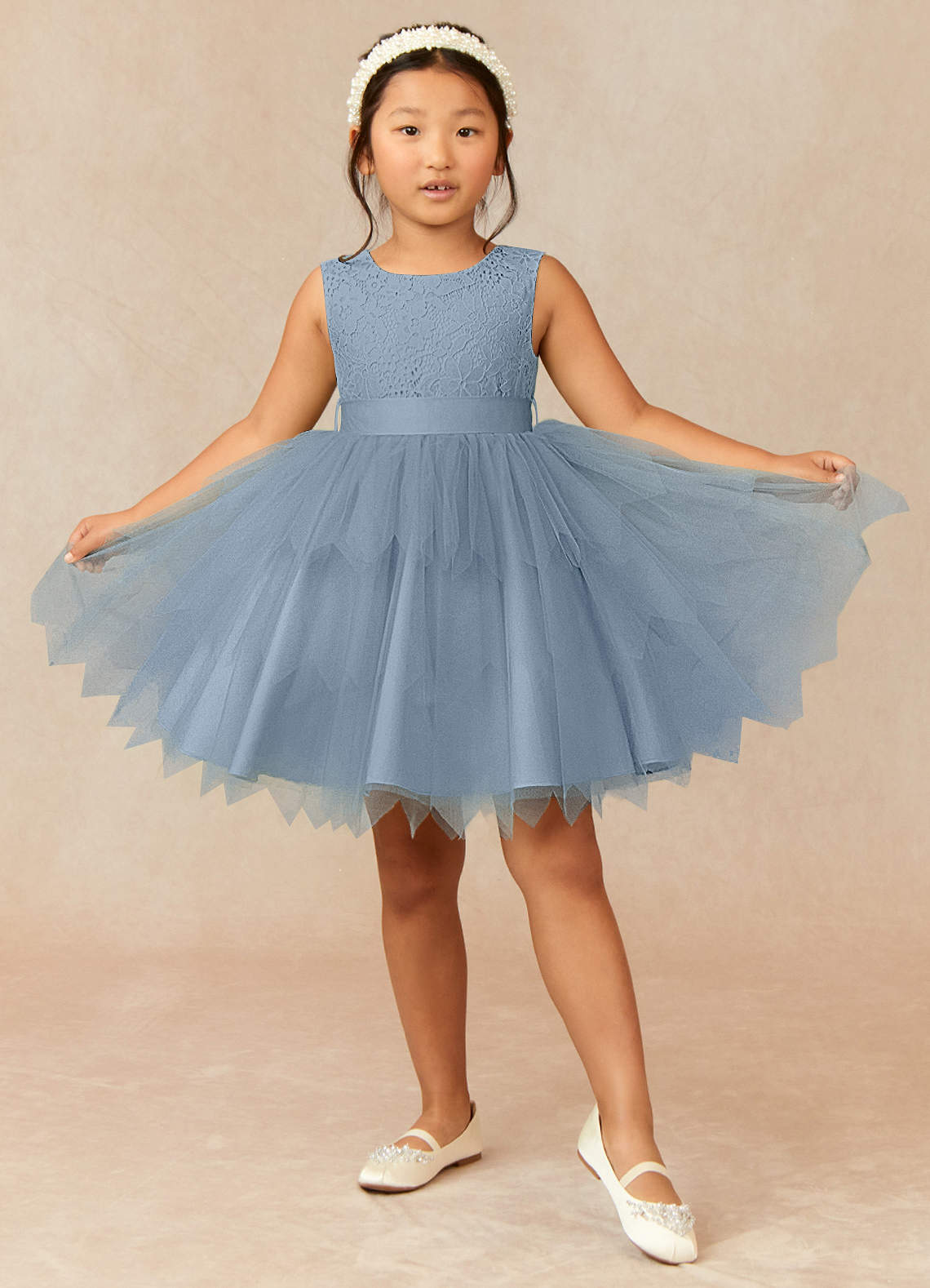 Azazie Chica Flower Girl Dresses Dusty Blue A-Line Lace Tulle Dress image1
