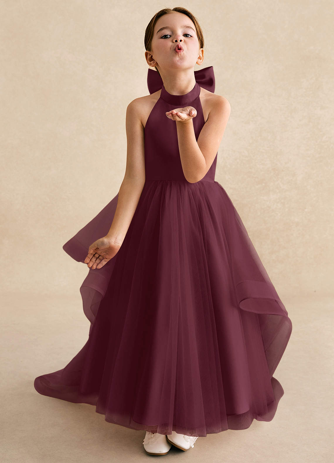 Azazie Bev Flower Girl Dresses Cabernet A-Line Convertible Tulle Dress image3