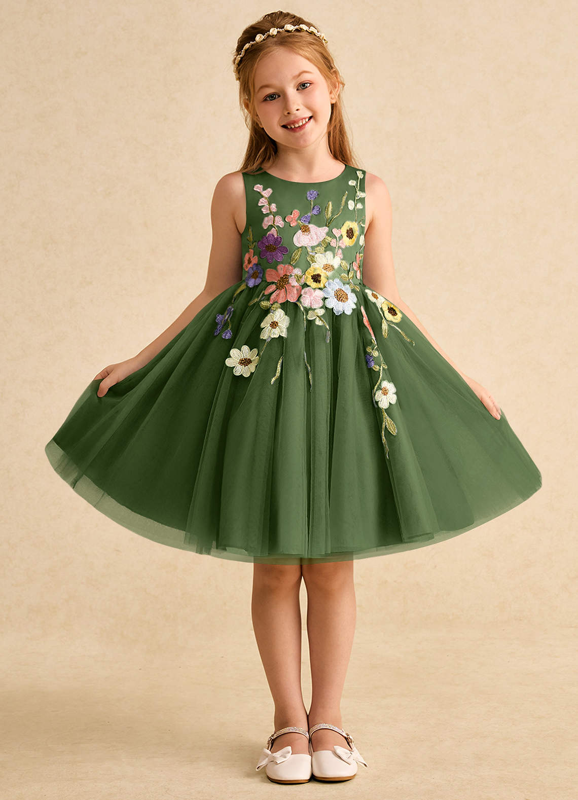 Azazie Prima Blumenmädchenkleider A-Linie Schleifen Tüll Kleid Olivgrün image1