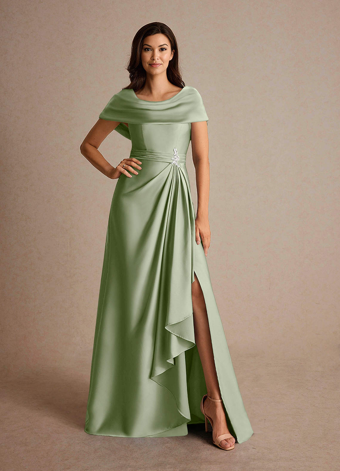 Azazie Branford Mother of the Bride Dresses Dusty Sage A-Line Pleated Stretch Satin Dress image4