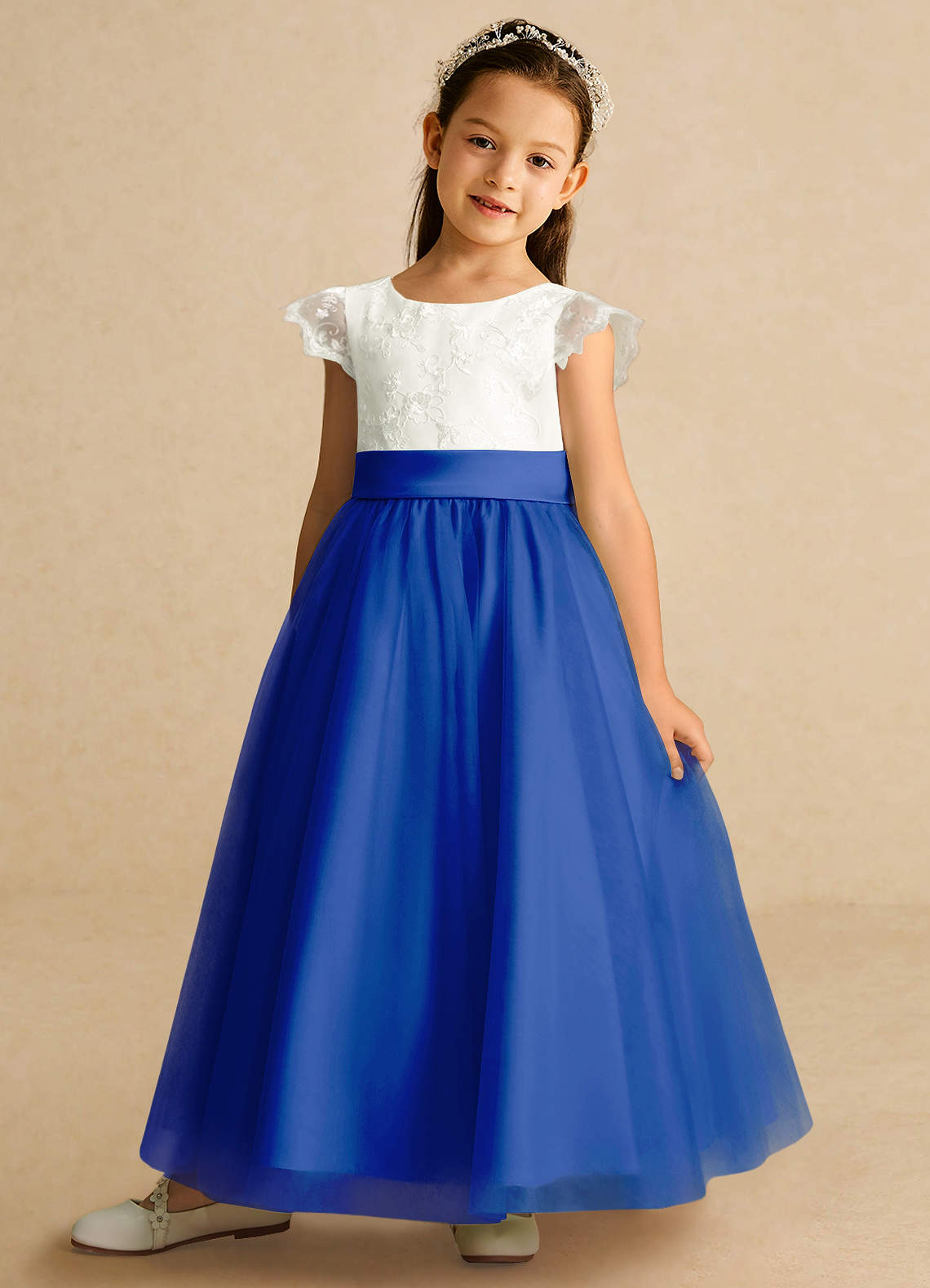 Azazie Pookie Flower Girl Dresses Royal Blue A-Line Lace Tulle Dress image1