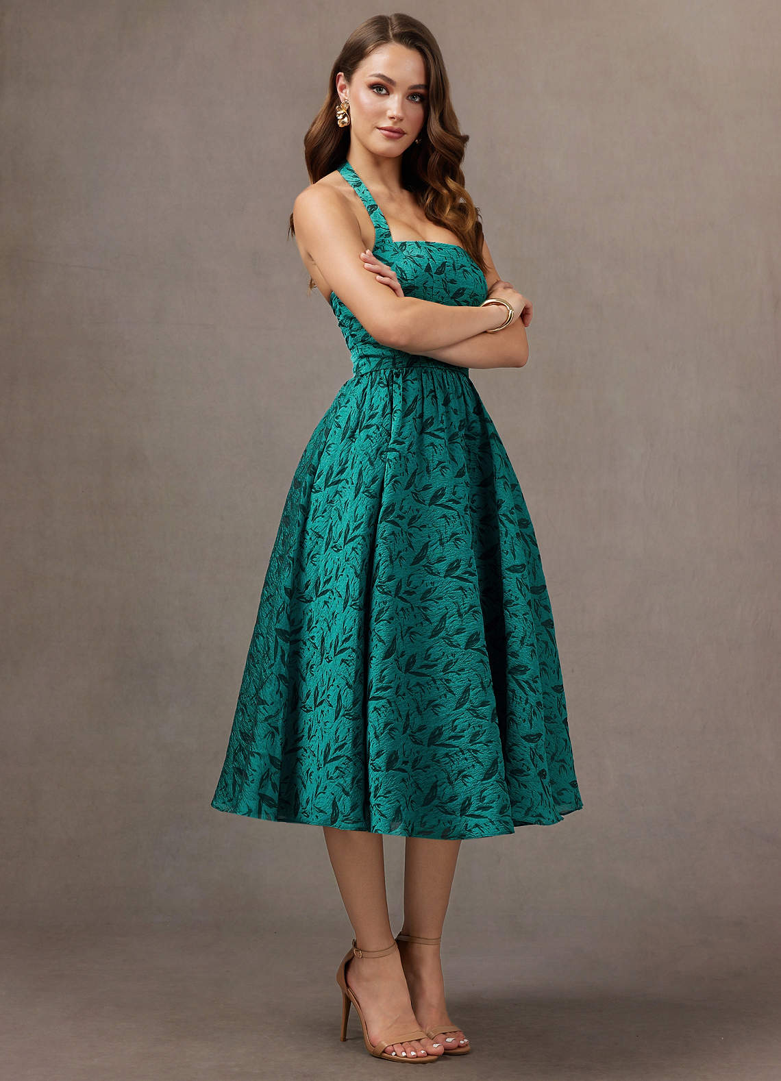 teal midi dress formal Azazie Dresses A-Line Wedding Guest Semi-Formal Dresses Halter Leaf unique prom dress