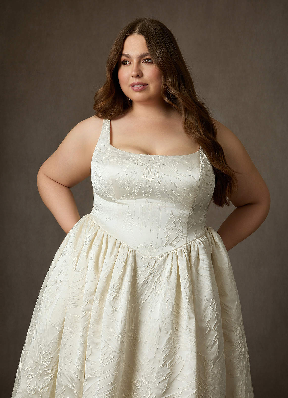 Azazie Skylin At-home Try On Dresses Antique White Ball-Gown with Pockets Floral Jacquard Dress image21