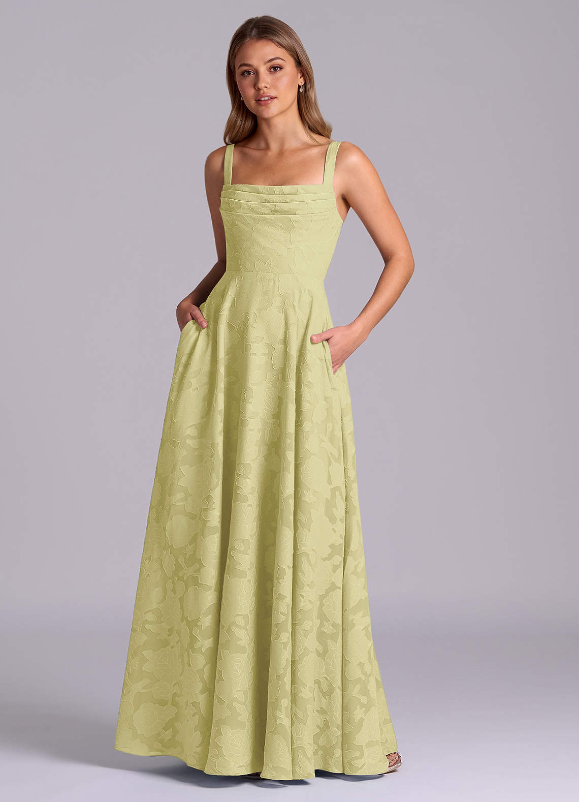 Azazie Shaude Bridesmaid Dresses Lemon Sorbet A-Line Pleated Floral Burnout Dress image1