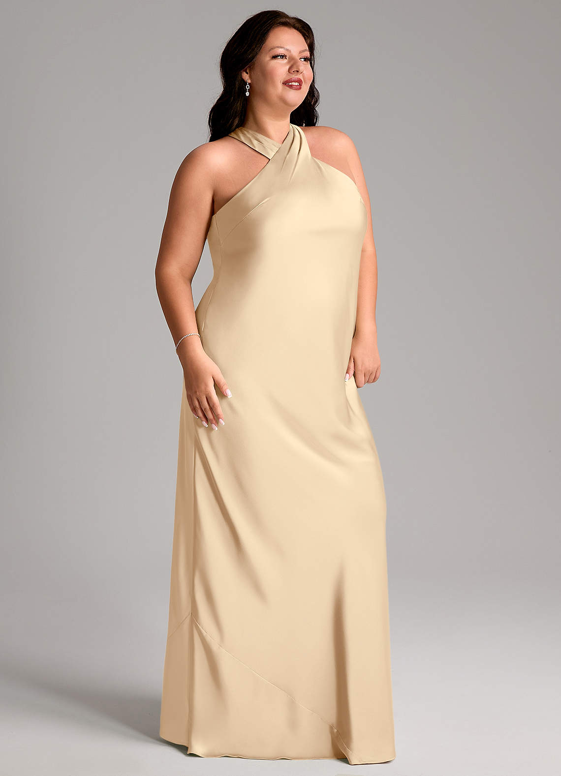 Azazie Doretta Bridesmaid Dresses Champagne Mermaid Pleated Stretch Satin Dress image7