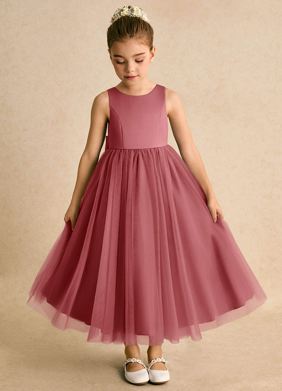 Azazie Solia Robe Demoiselle D'honneur Fillette Robe Princesse en Tulle Arc Antique Rose image5