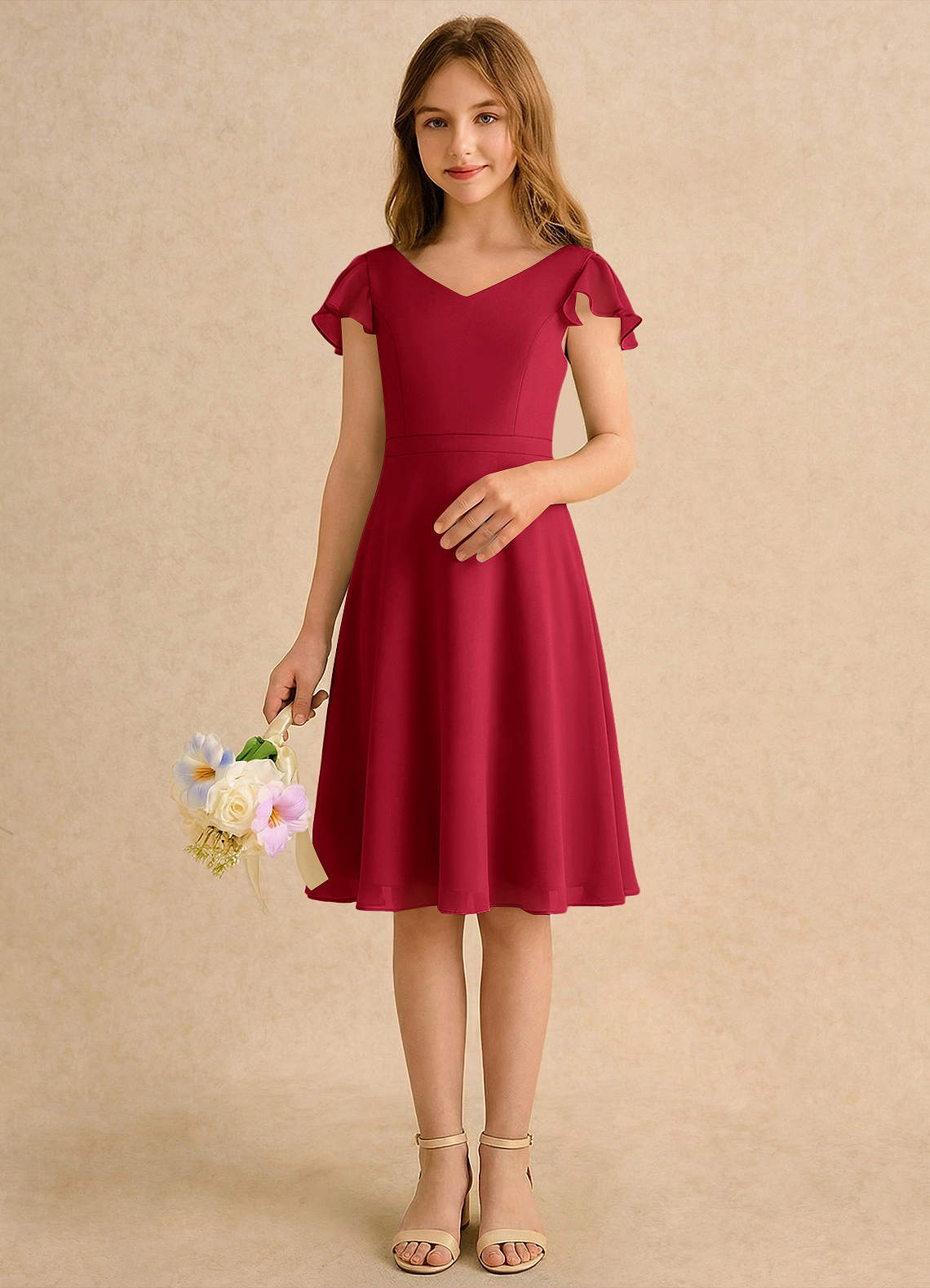 Azazie Narin Girls Formal Scarlet A-Line with Sleeves Chiffon Dress