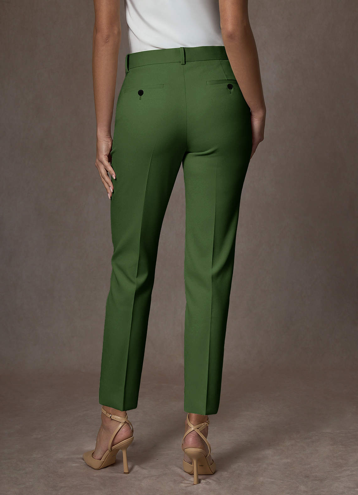 front Whitney Olive Structured Stretch Full Length Dress Pants
