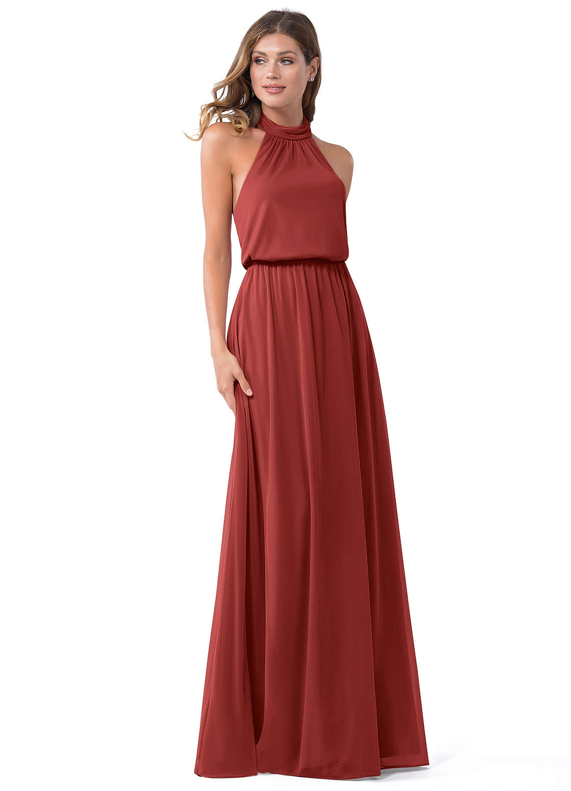 Azazie Landry Bridesmaid Dresses Rust A-Line Pleated Mesh Dress image1
