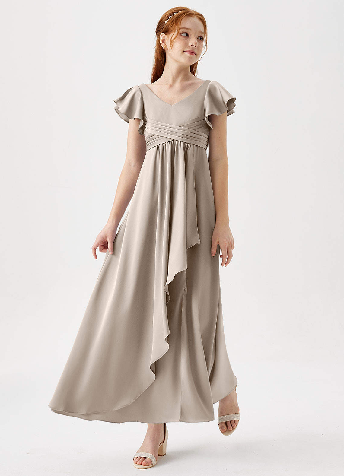Azazie Omari Junior Frost A-Line Pleated Stretch Satin Dress image1