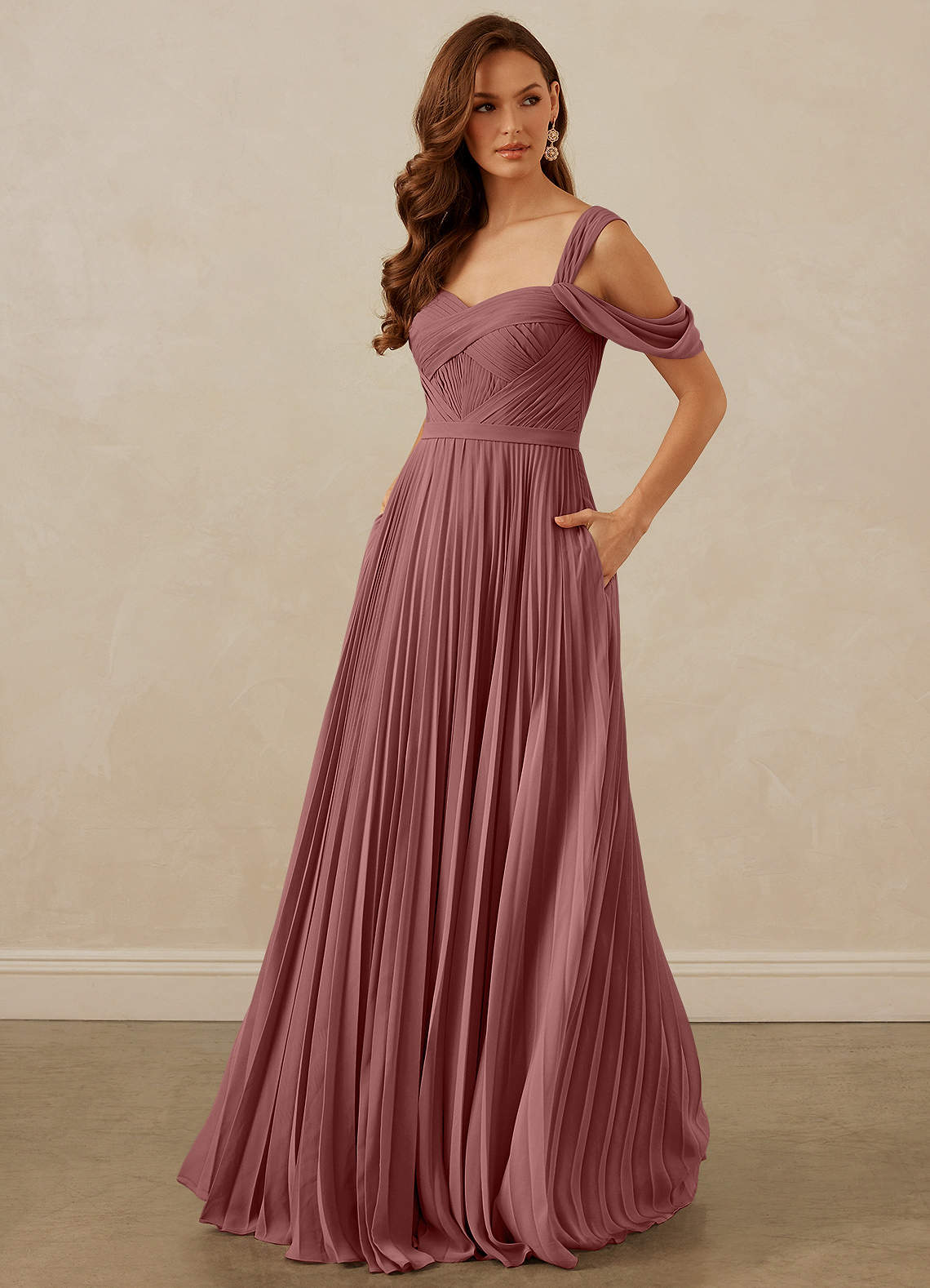 Christian Siriano Bridal for Azazie 1013 Bridesmaid Dresses Desert Rose A-Line Off the Shoulder Chiffon Dress image1
