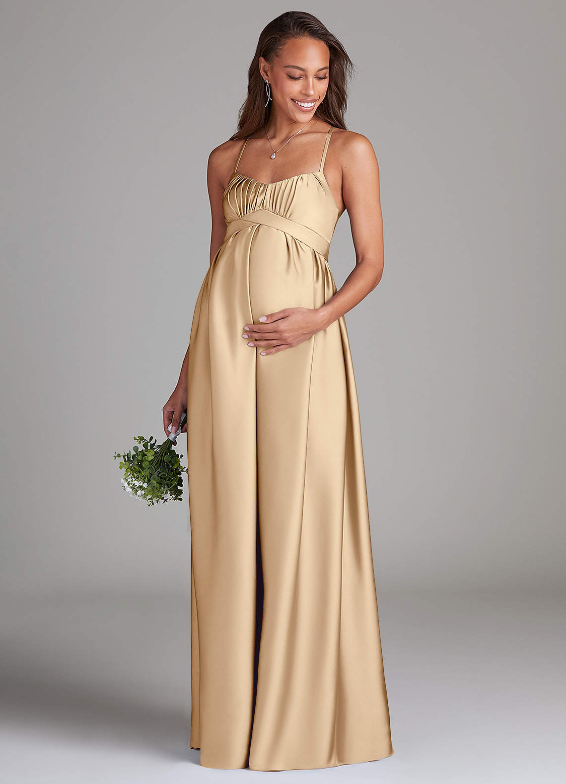 Azazie Llana Maternity Bridesmaid Dresses A-Line Stretch Satin Floor-Length Dress with Pockets image1