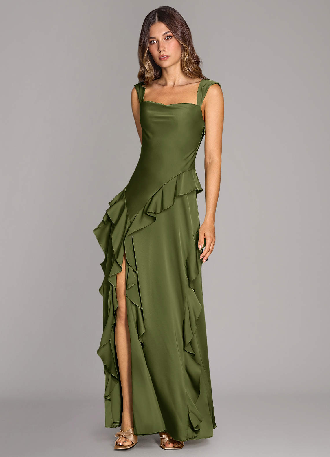 Azazie Sloane Vestidos de madrinha de casamento Vestido Oliva de Cetim elástico de Linha A com Decote em coração image3