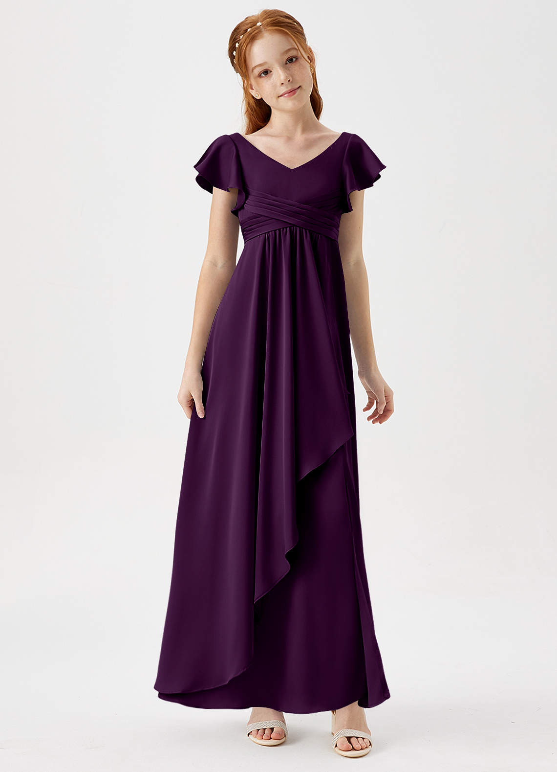 Azazie Omari Junior Grape A-Line Pleated Stretch Satin Dress image1