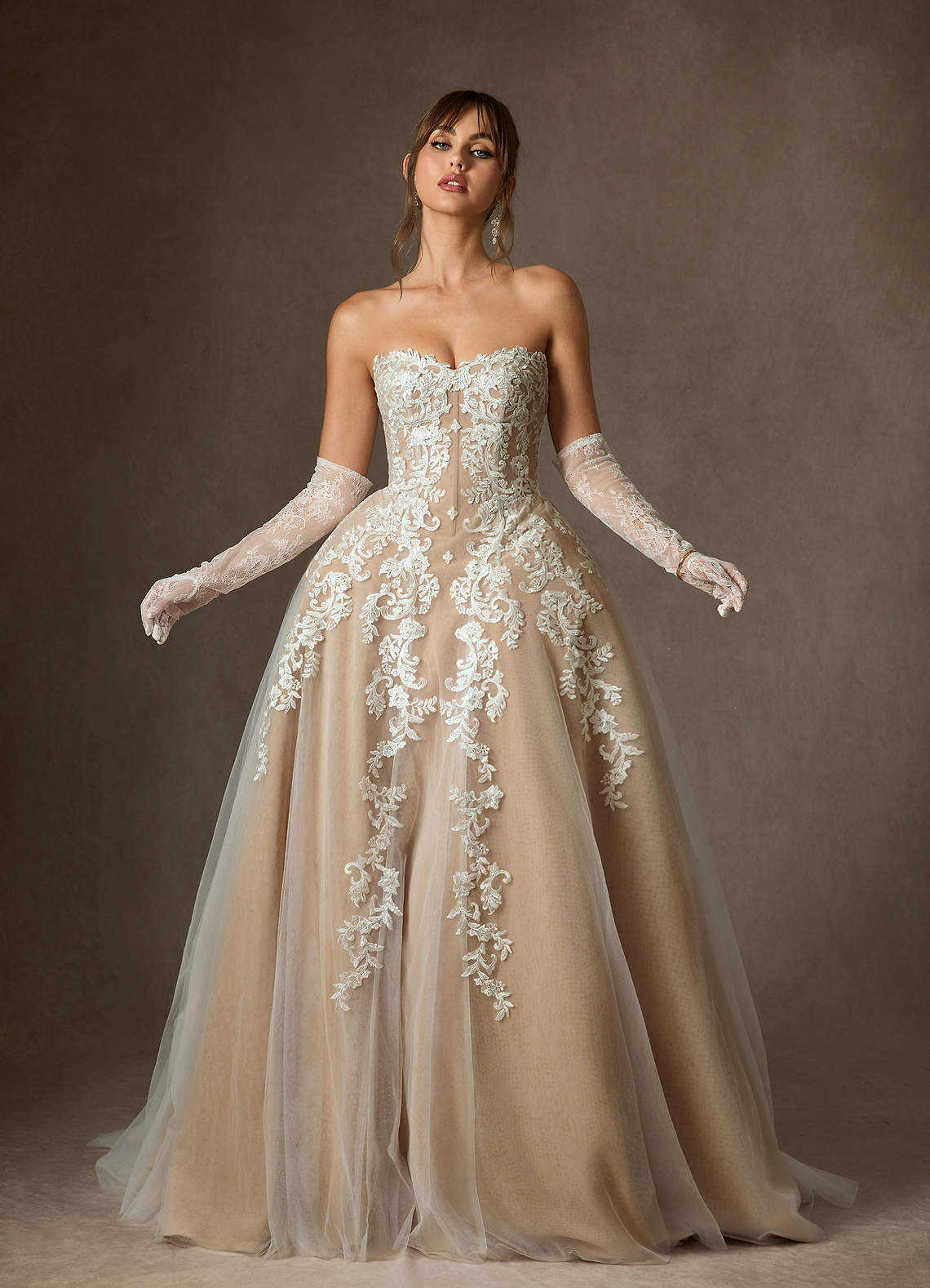 Azazie Sonnet Wedding Dresses Diamond White Nude Ball-Gown Strapless Lace Dress image1