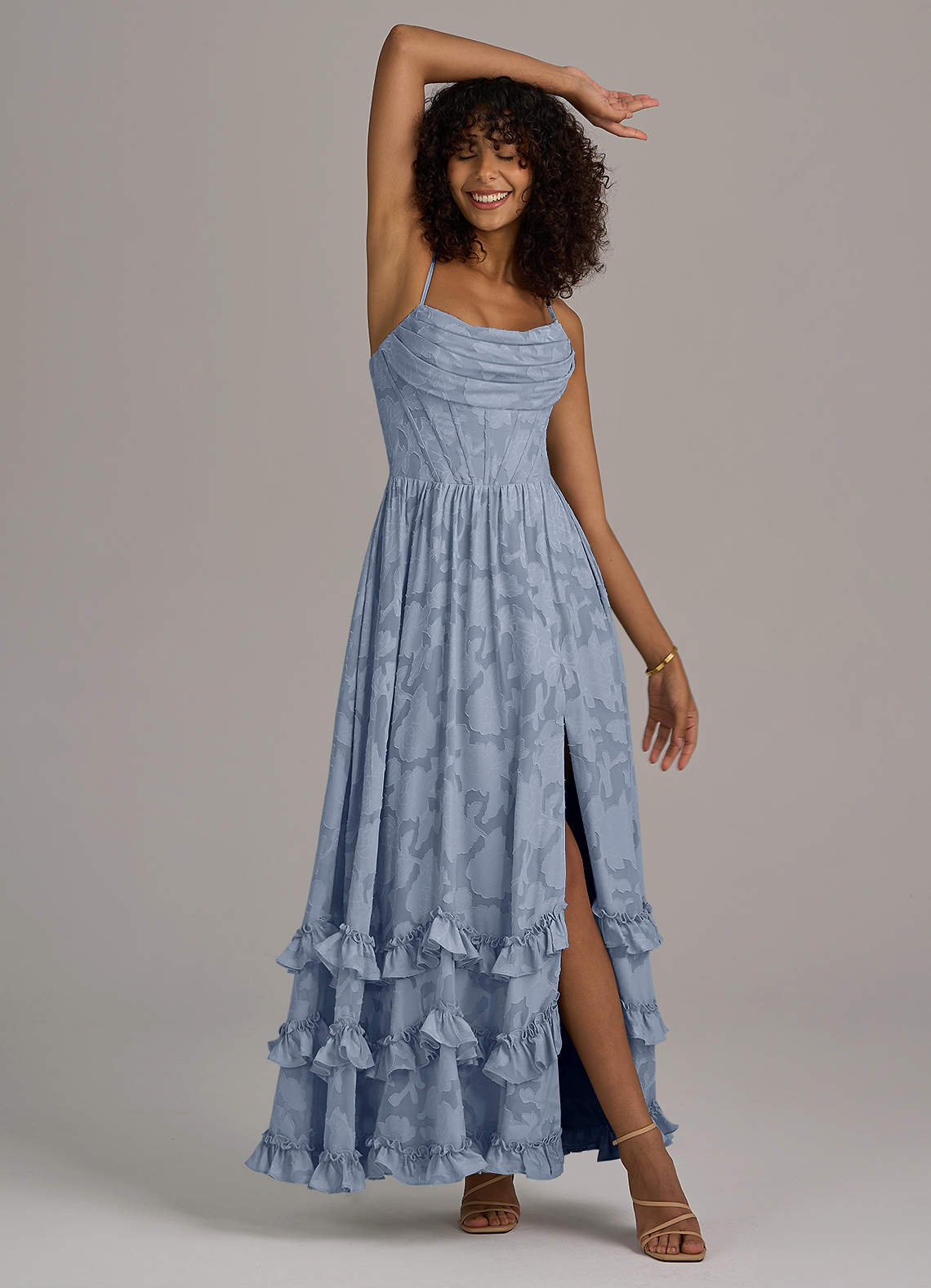 Azazie Lettie Dusty Blue Floral Burnout Bridesmaid Dresses | Azazie