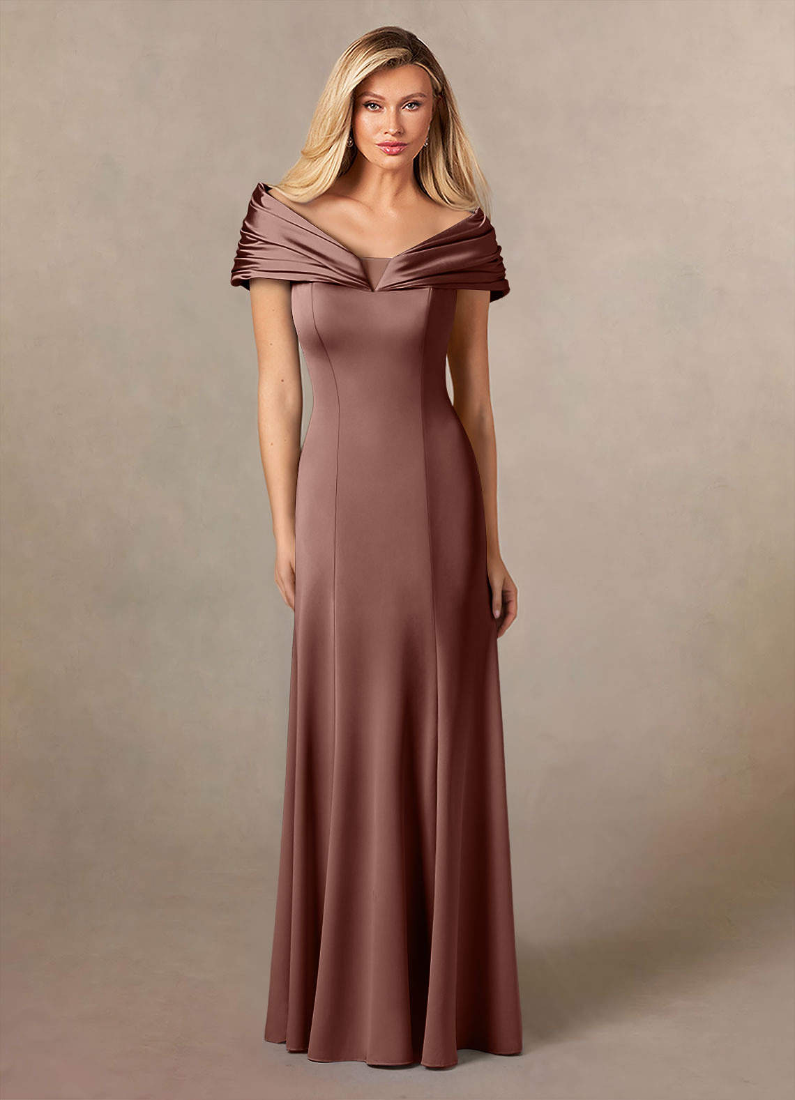 Azazie Auberdeen Mother of the Bride Dresses Espresso Mermaid Pleated Stretch Satin Dress image1