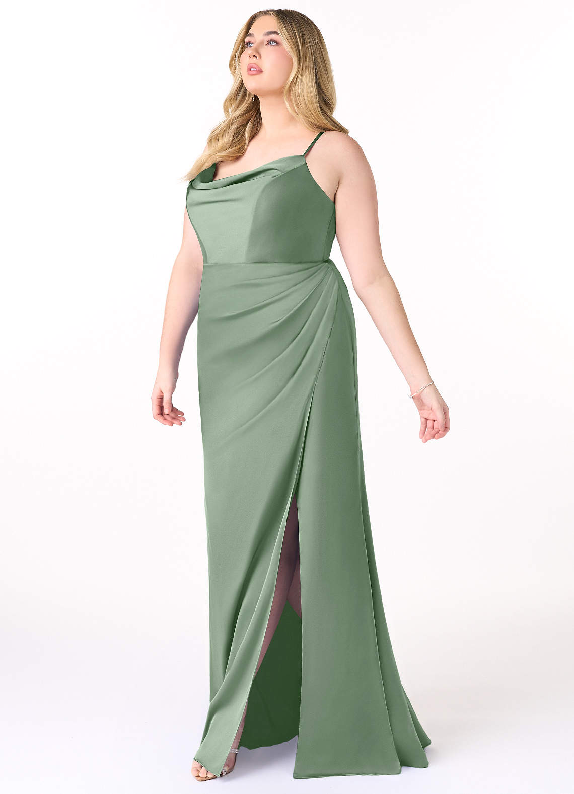 Azazie Marzia Vestidos de damas de honor Vestido de Matcha de Satén Elástico de Corte Sirena con Cuello V Plisado image8