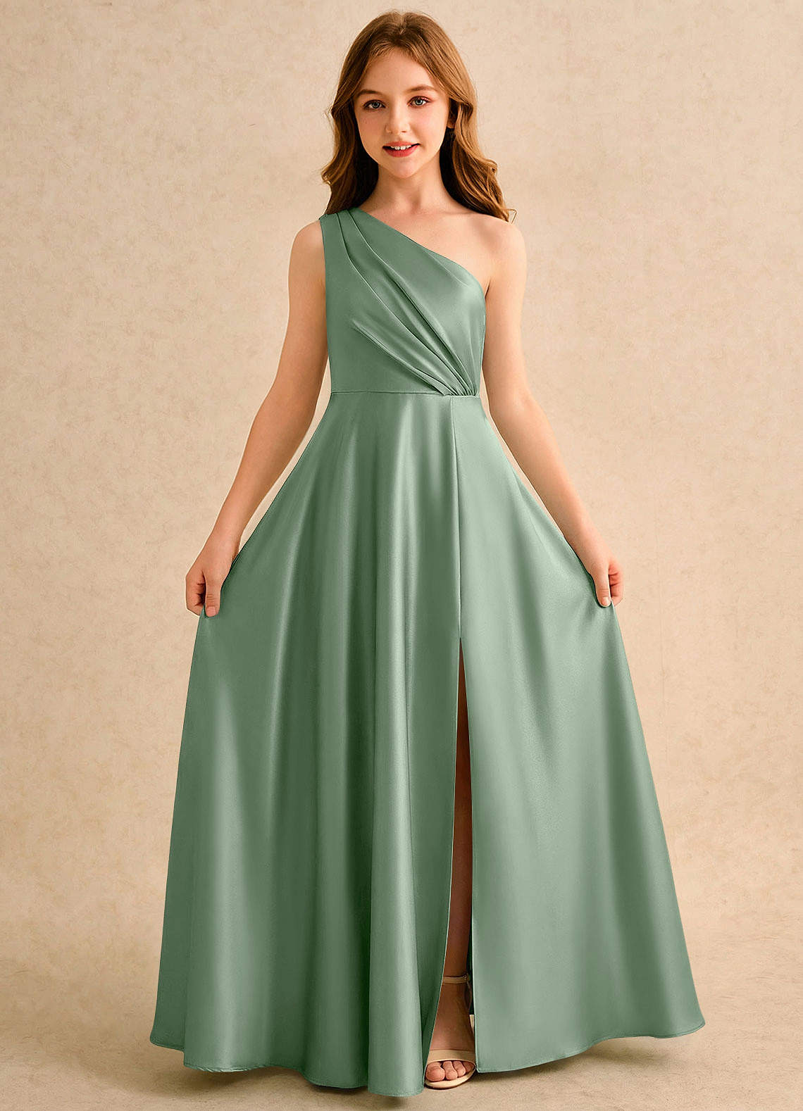 Azazie Puddles Girls Formal Robe Demoiselle D'honneur Fillette Robe Trapèze en Satin extensible Une épaule Matcha image4