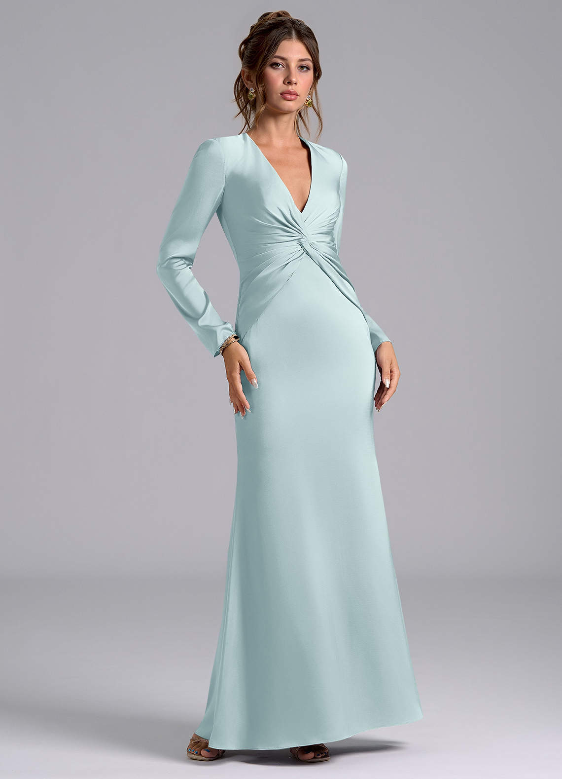 Azazie Valerie Bridesmaid Dresses Mist Mermaid Long Sleeve Stretch Satin Dress image1