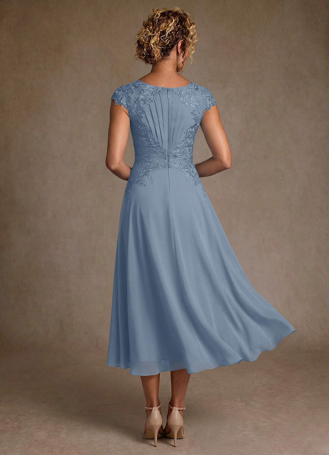 Azazie Crista Mère de la mariée Robes Robe Trapèze en Mousseline de soie Dentelle Bleu Poussiéreux image1