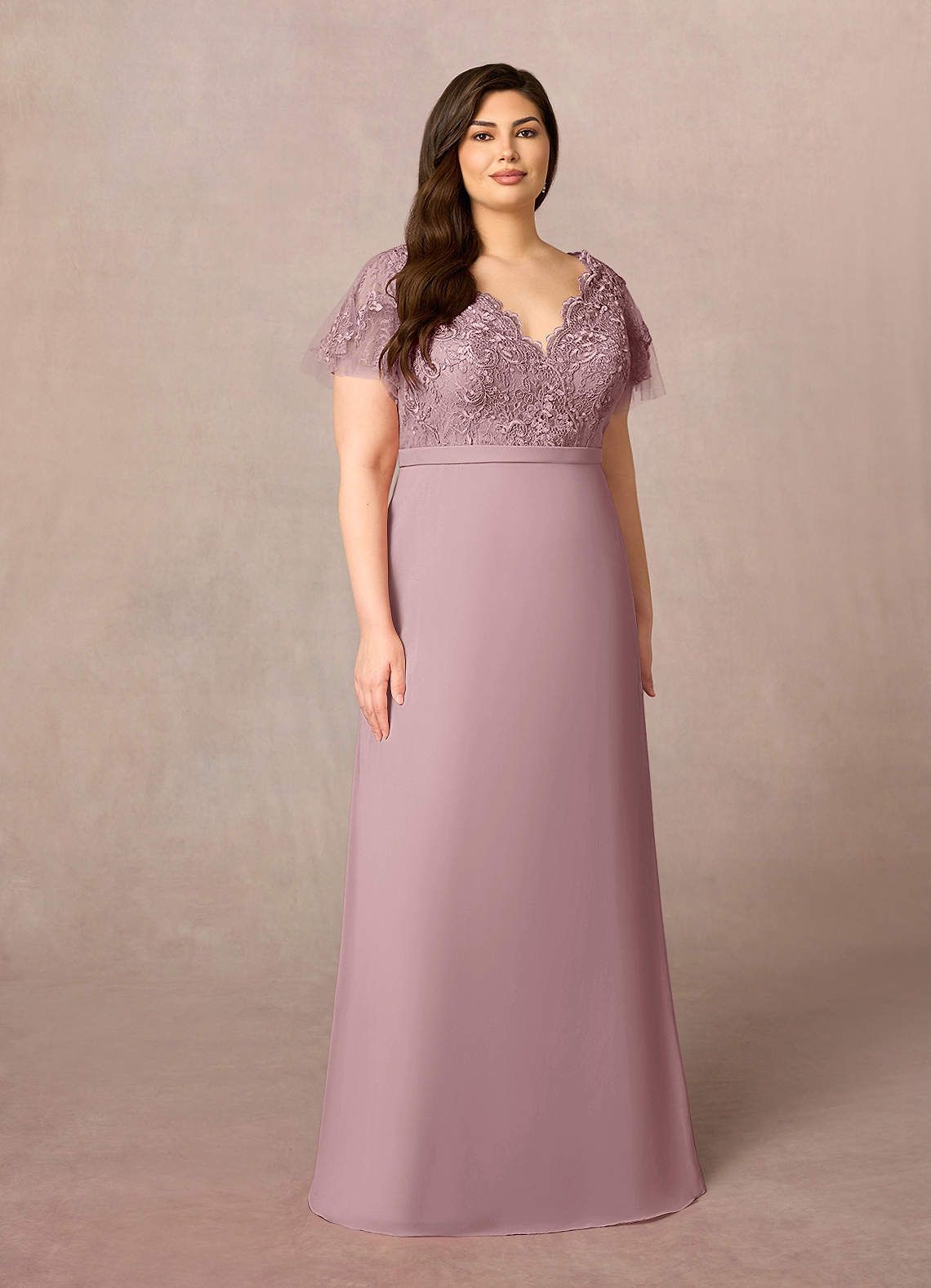 Azazie Singer Mother of the Bride Dresses Dusty Rose A-Line V-Neck Lace Chiffon Dress image1