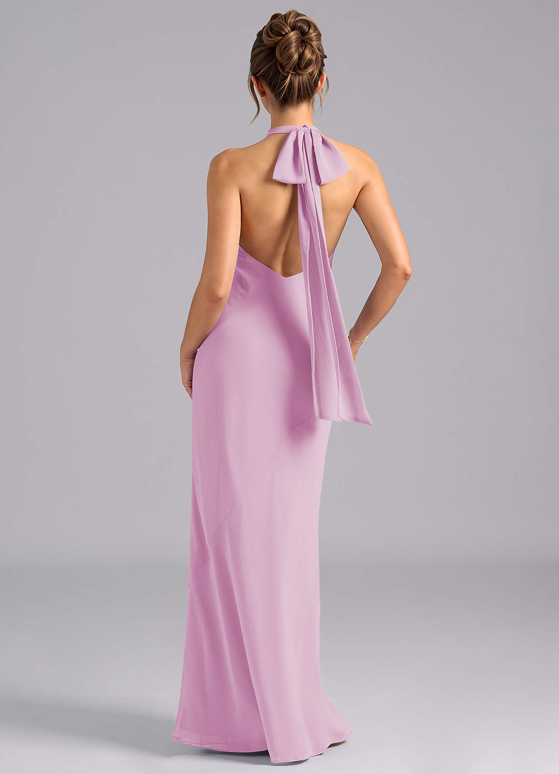 Azazie Velli Vestidos de damas de honor Vestido de Rosa Caramelo de Gasa de Corte Sirena con Cuello Alto image1