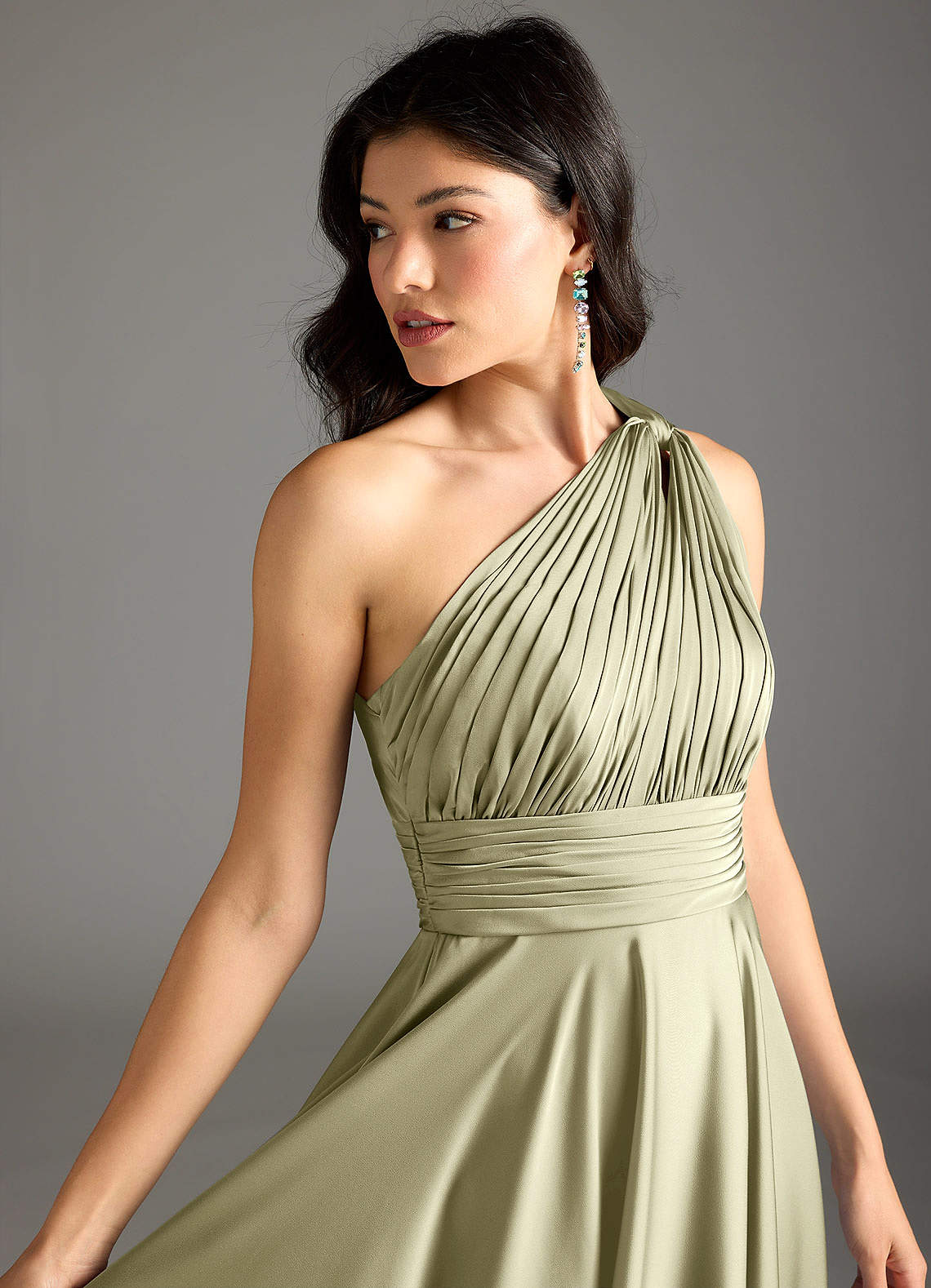 Azazie Charlize Bridesmaid Dresses Pistachio A-Line One Shoulder Stretch Satin Dress image6