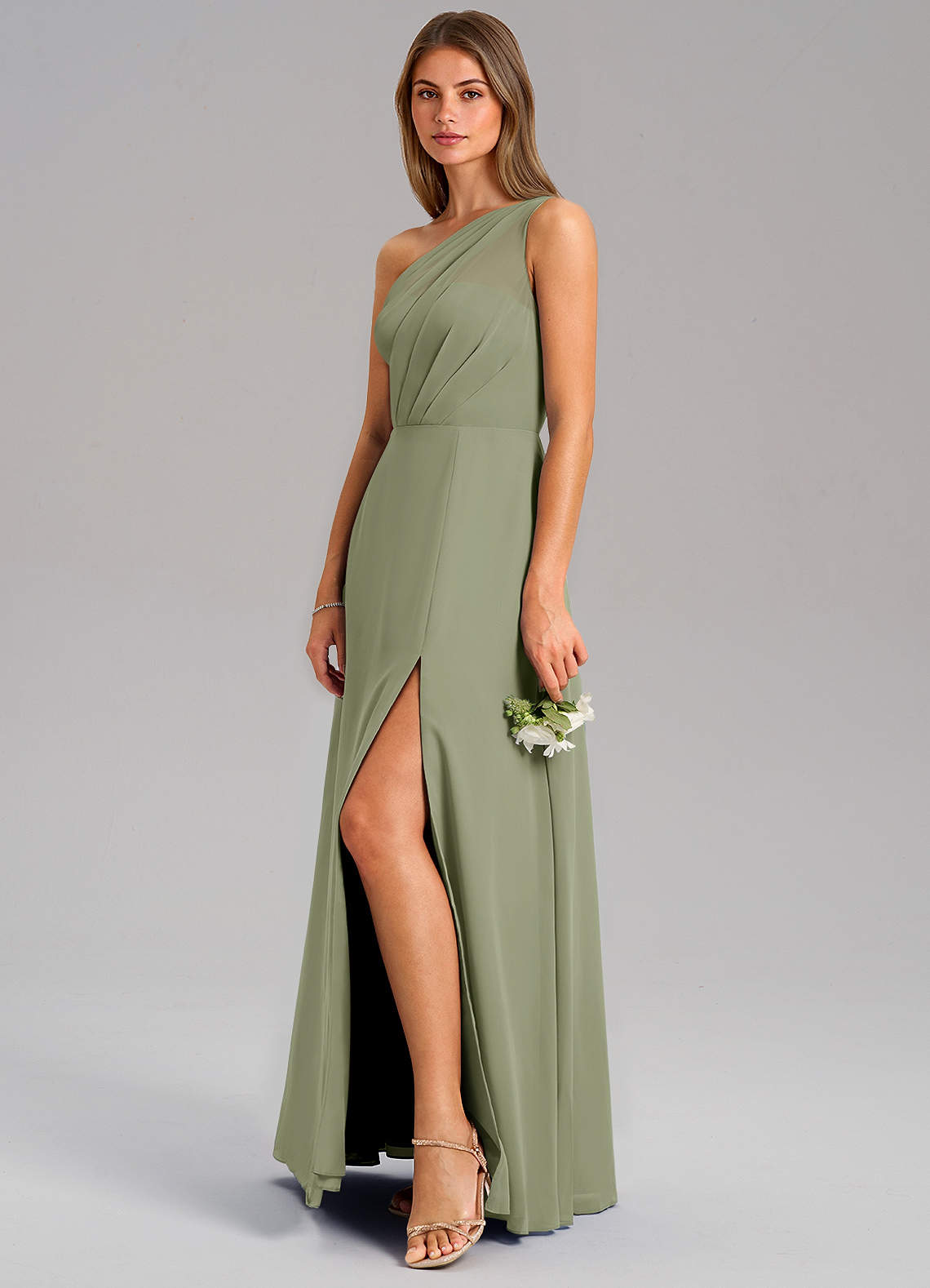 Azazie Phaedra Vestidos de madrinha de casamento Vestido Pistache de Chiffon de Linha A com Um ombro image4