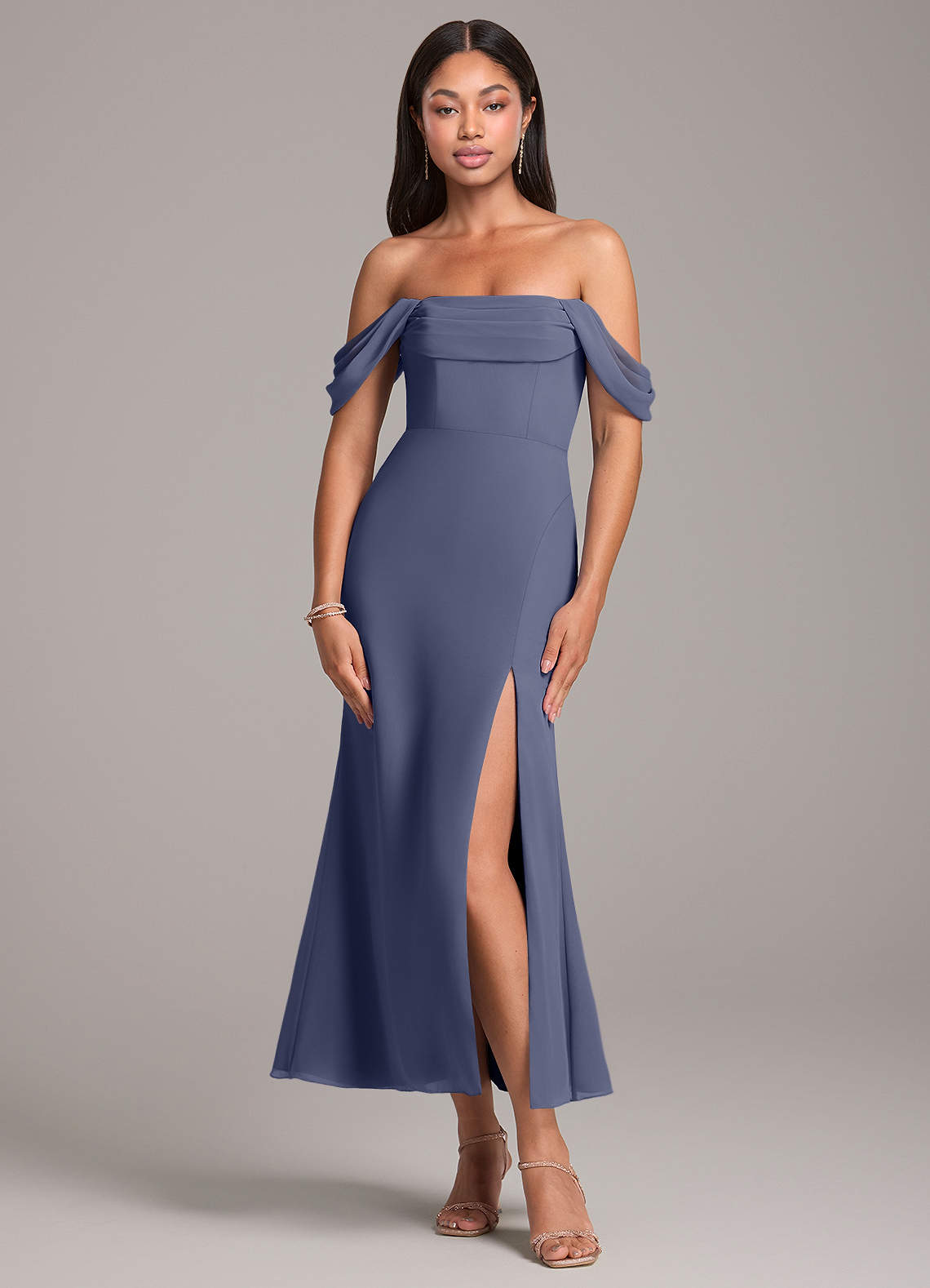 Azazie Saige Bridesmaid Dresses Stormy Sheath Off the Shoulder Chiffon Convertible Dress image1