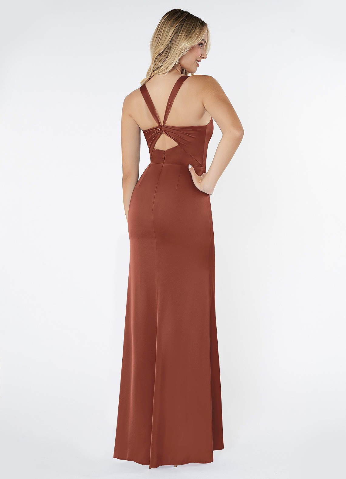 Azazie Mero Bridesmaid Dresses Auburn Sheath Pleated Stretch Satin Dress image2