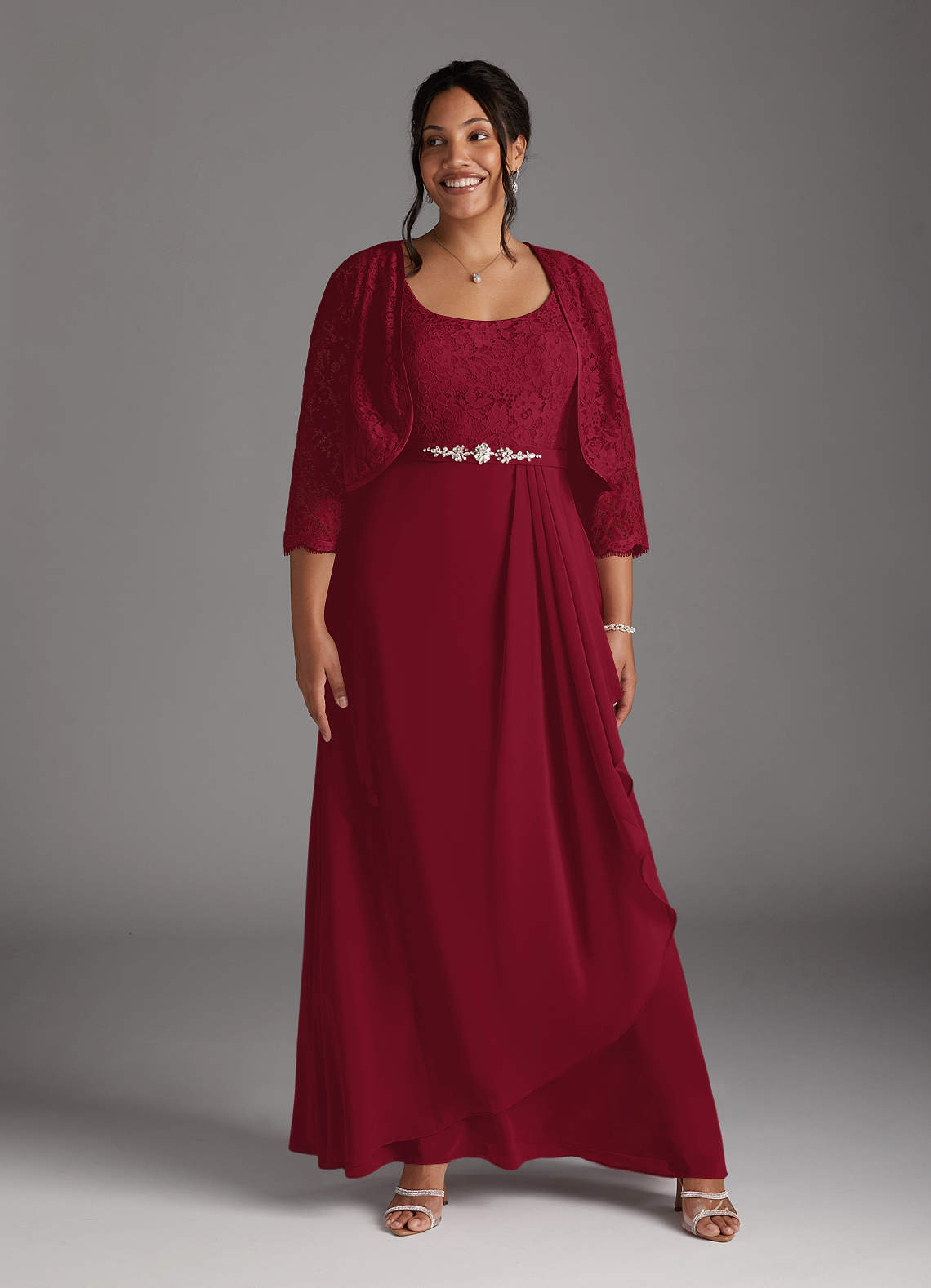 Azazie Ainsling Kleider für die Brautmutter A-Linie Quadratischer Ausschnitt Spitze Chiffon Kleid Burgunderrot image1