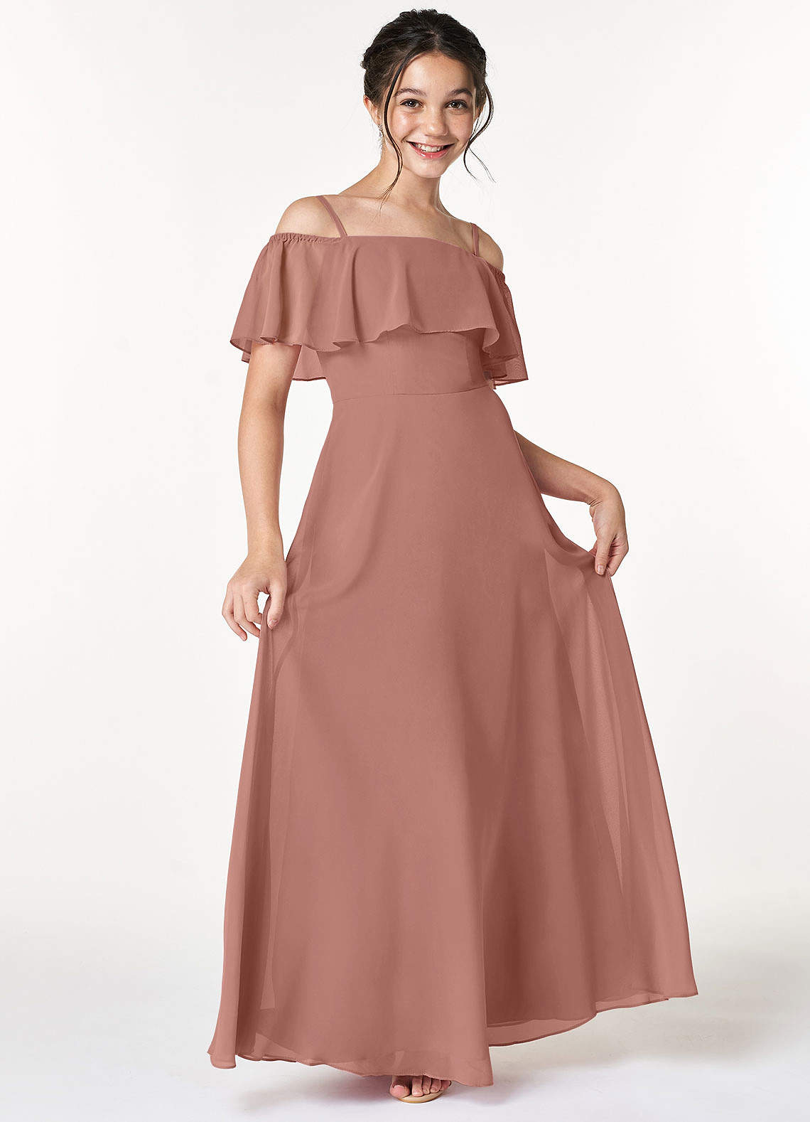 Azazie Maggie Junior Cedar Rose A-Line Off the Shoulder Chiffon Dress image1