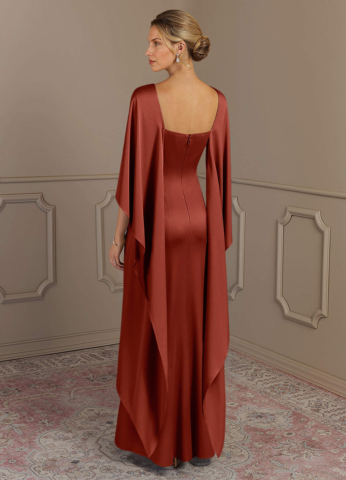 Azazie Eli Mother of the Bride Dresses Terracotta Sheath Boatneck Stretch Satin Dress image1