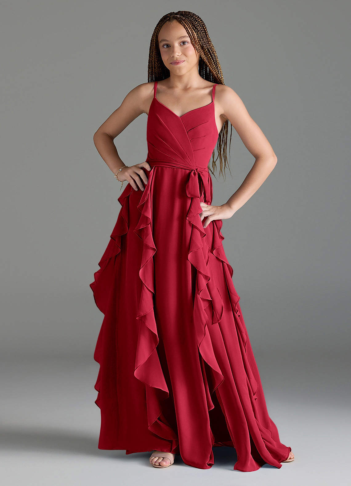 Azazie A-Line/Princess V-Neck Floor-Length Chiffon Junior Bridesmaid Dresses - Scarlet Azazie A-Line/Princess V-Neck Floor-Length Chiffon Junior Bridesmaid Dresses - Scarlet