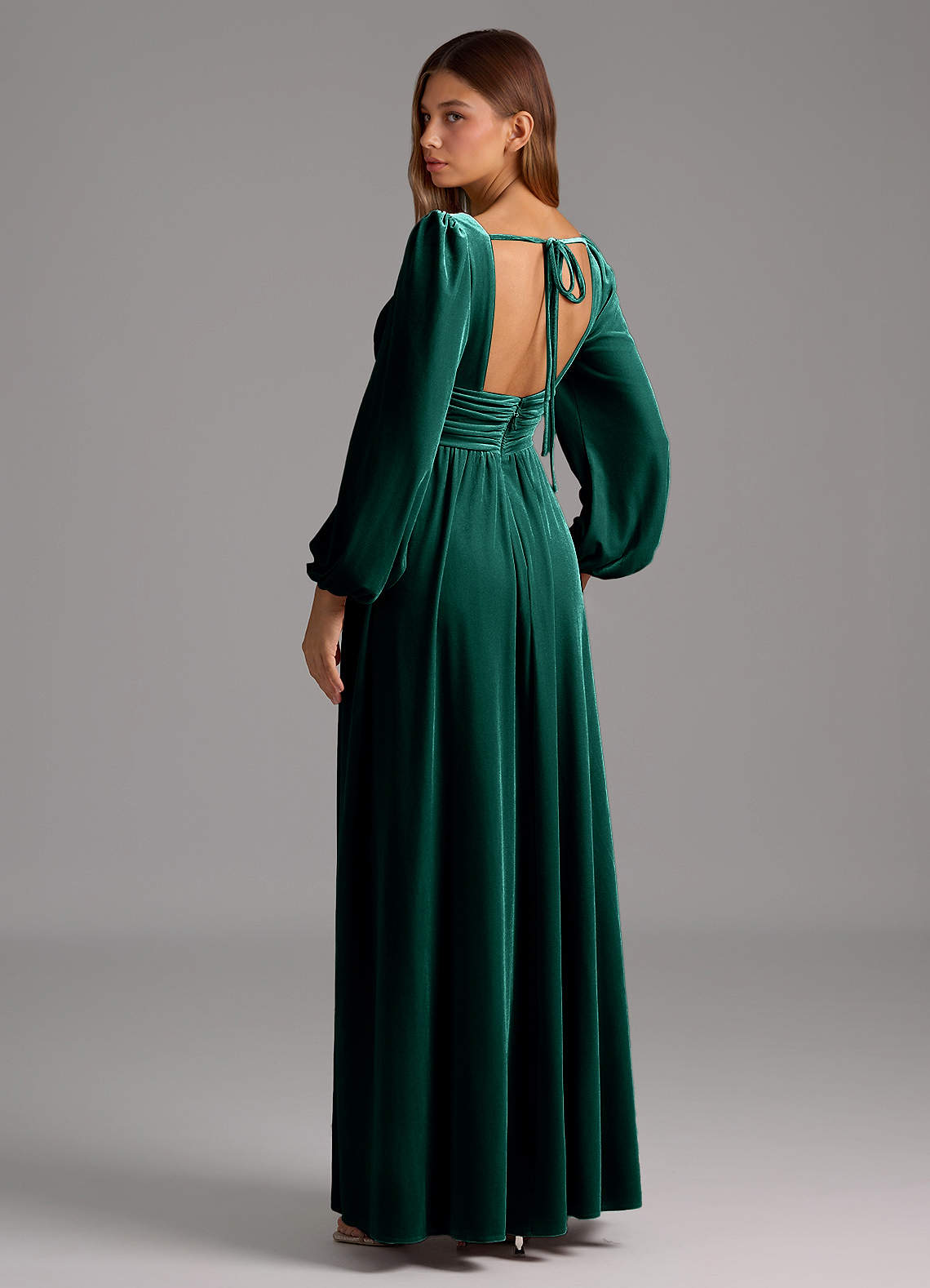 Azazie Norah Bridesmaid Dresses Emerald A-Line Long Sleeve Velvet Dress image2