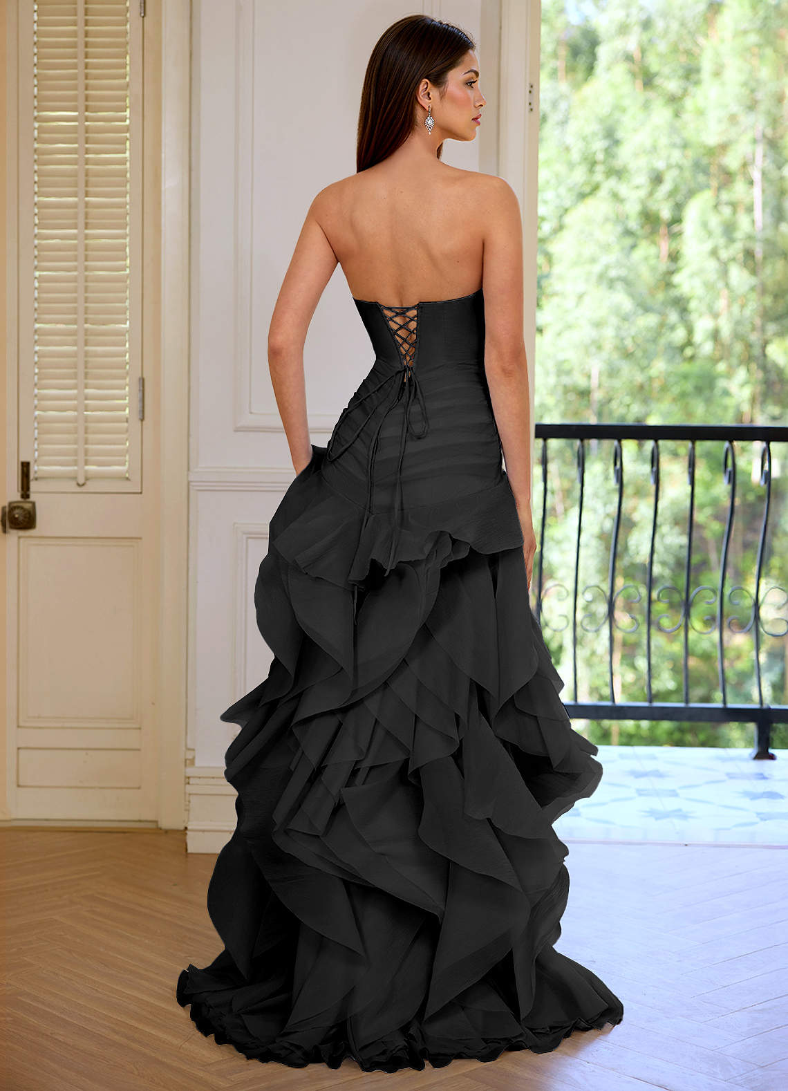 Aurelia Black Floral Sweetheart Neckline A-line Ruffle Asymmetrical Prom  Dress