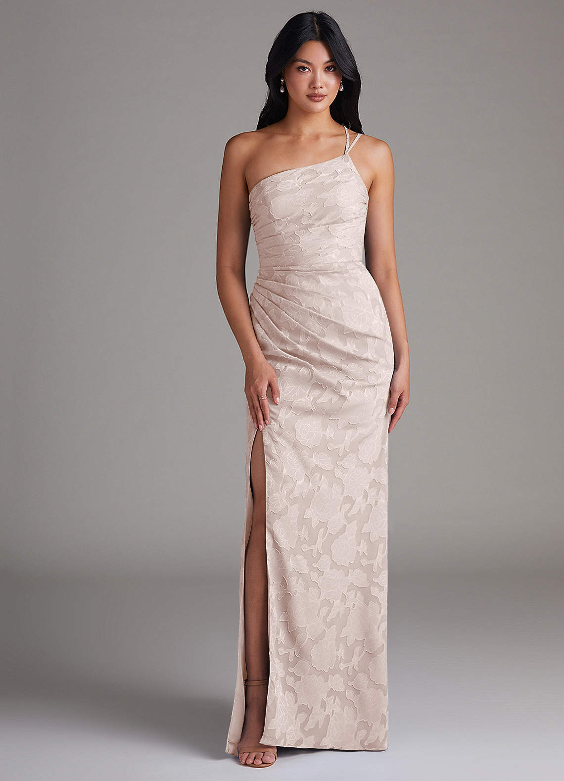 Azazie Eren Bridesmaid Dresses Blushing Pink Sheath One Shoulder Floral Burnout Dress image1