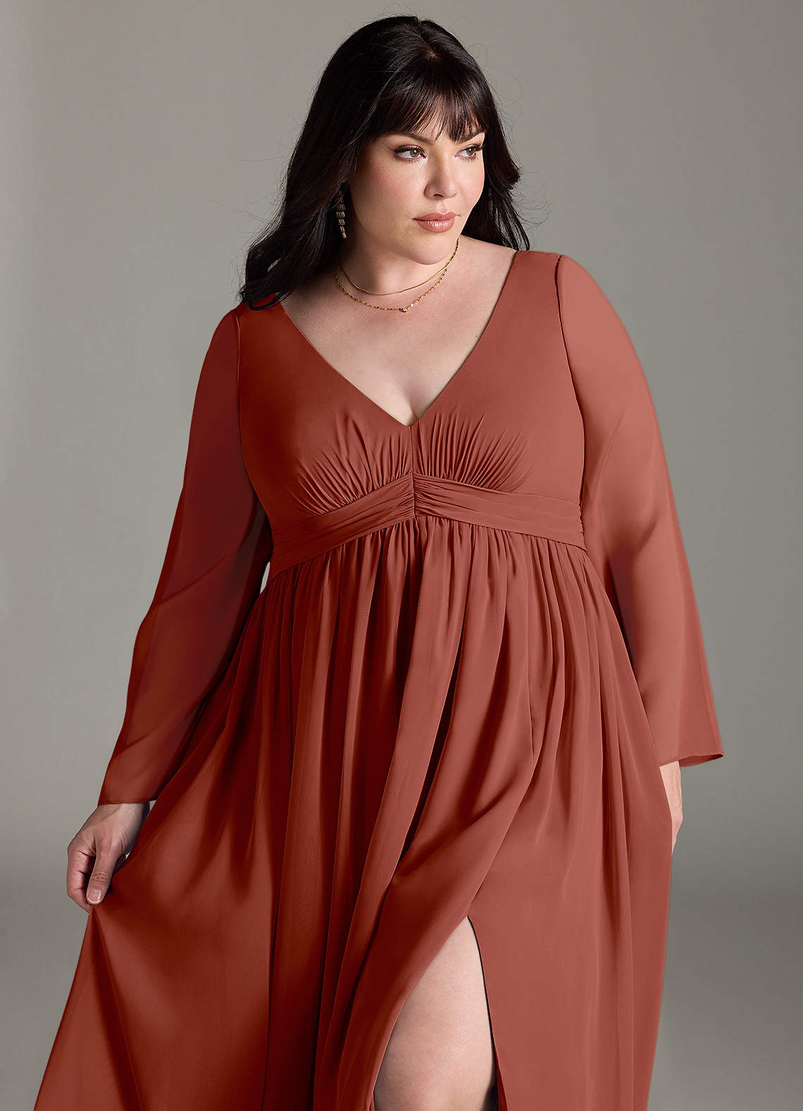 Azazie Teton At-home Try On Dresses A-Line Long Sleeve Chiffon Floor-Length Dress image11