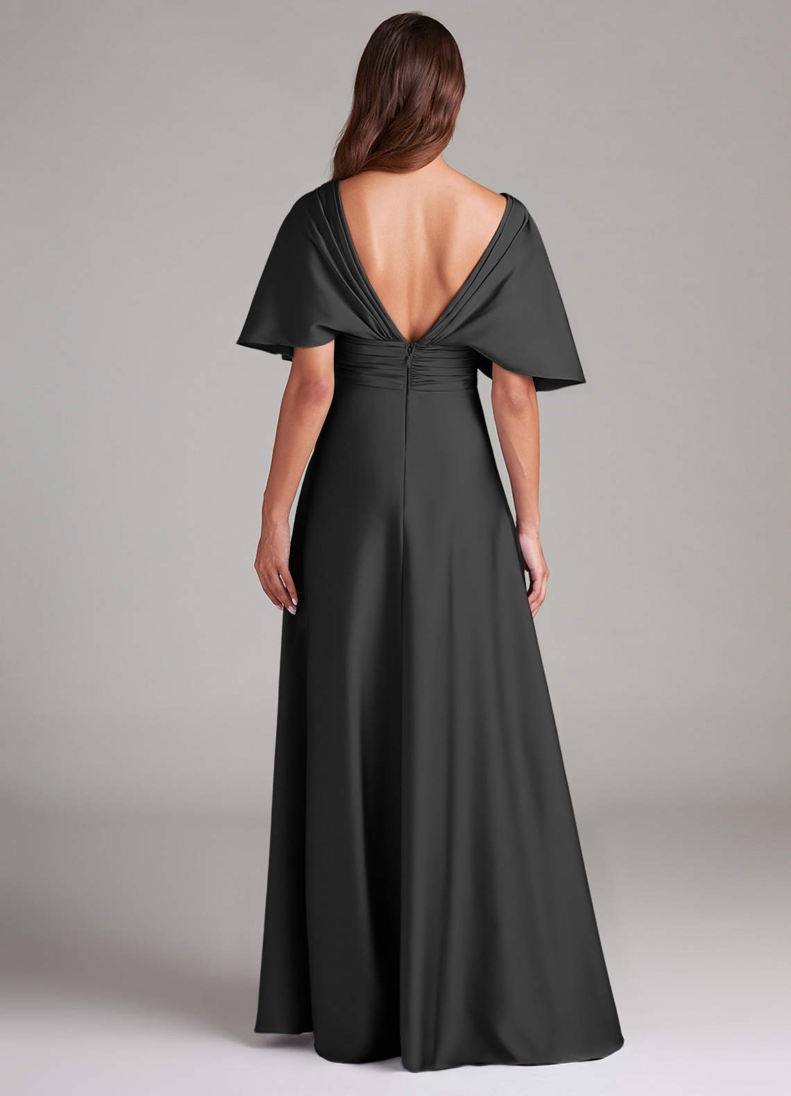 Azazie Pamela Essayer des robes à la maison Robe Trapèze en Satin extensible Plissée Noir image1