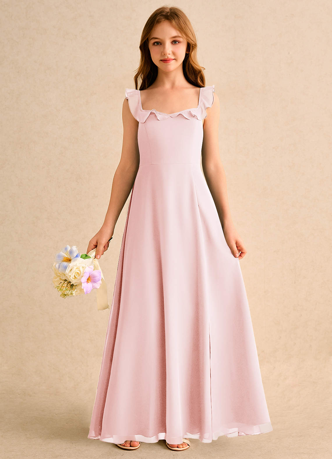 Azazie Chip Girls Formal Kukkatyttöjen mekot A-linja Hihaton Sifonki Lattian pituus Pukeutua image2