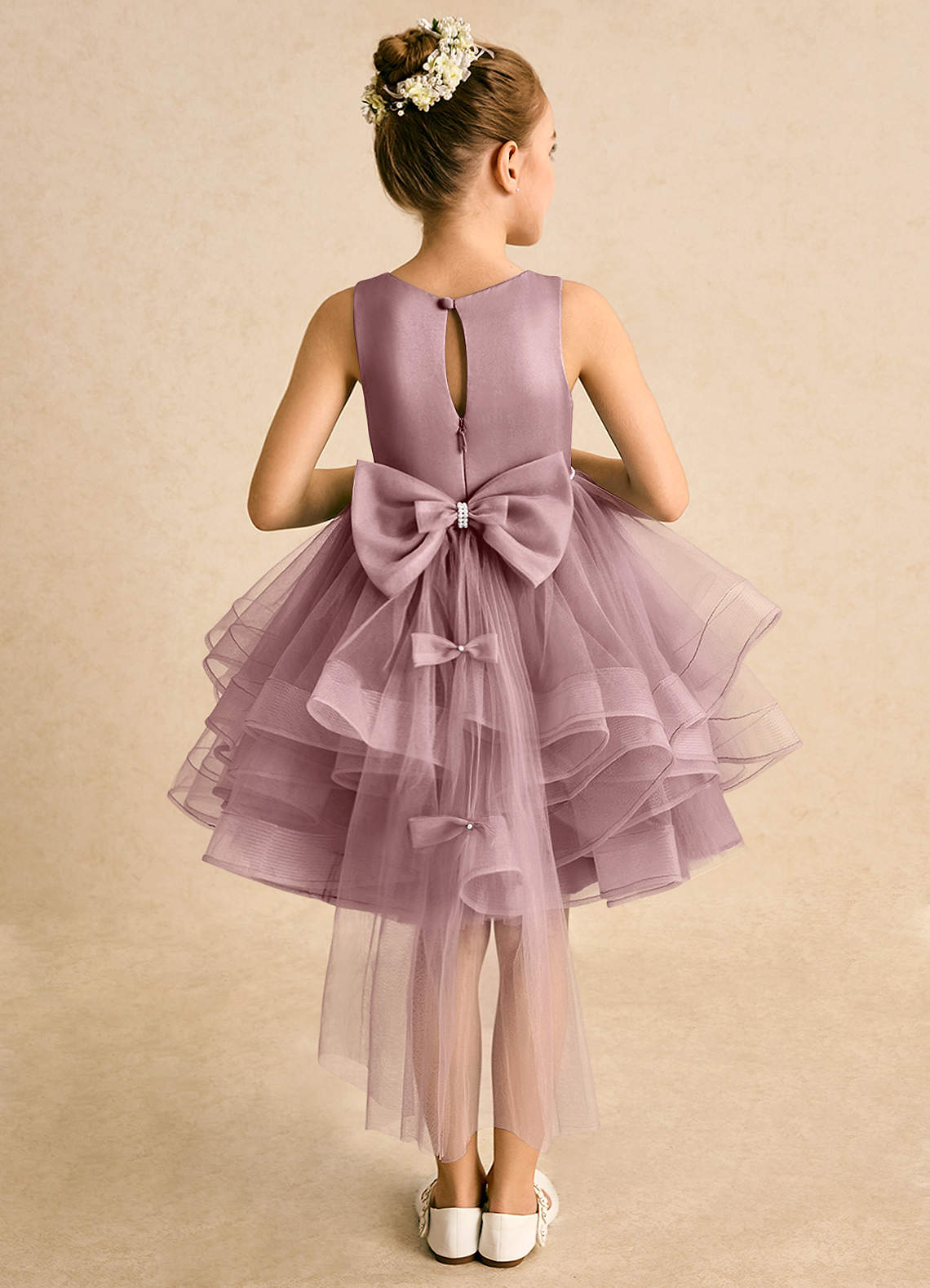 Azazie Tinie Flower Girl Dresses Dusty Rose Ball-Gown Bow Tulle Dress image1