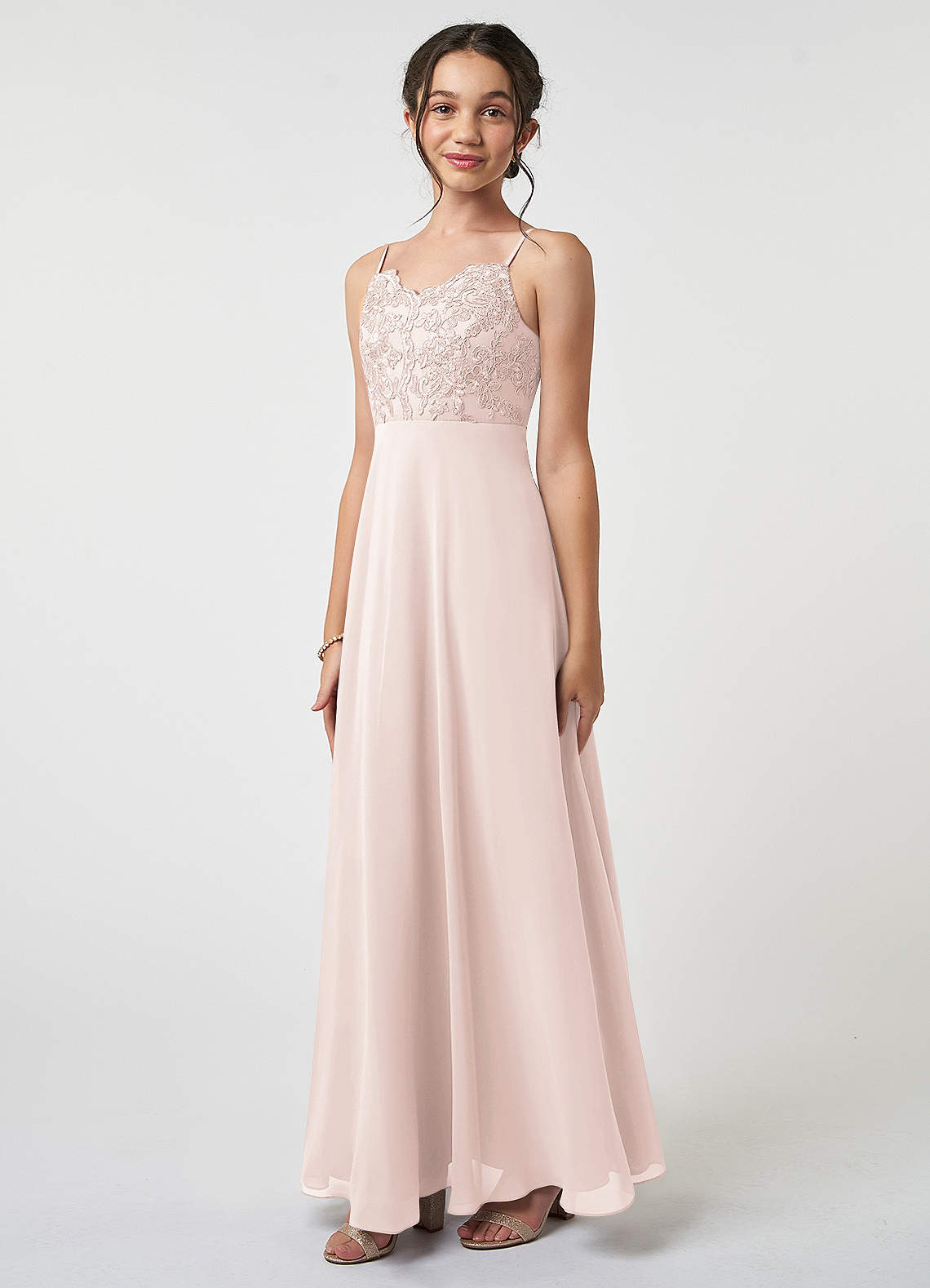 Azazie Sonya Junior Robe Trapèze en Mousseline de soie Dentelle Rose Pétale image1