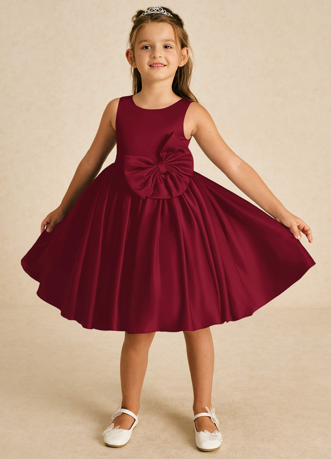 Azazie Apple Flower Girl Dresses Burgundy A-Line Bow Matte Satin Dress image1