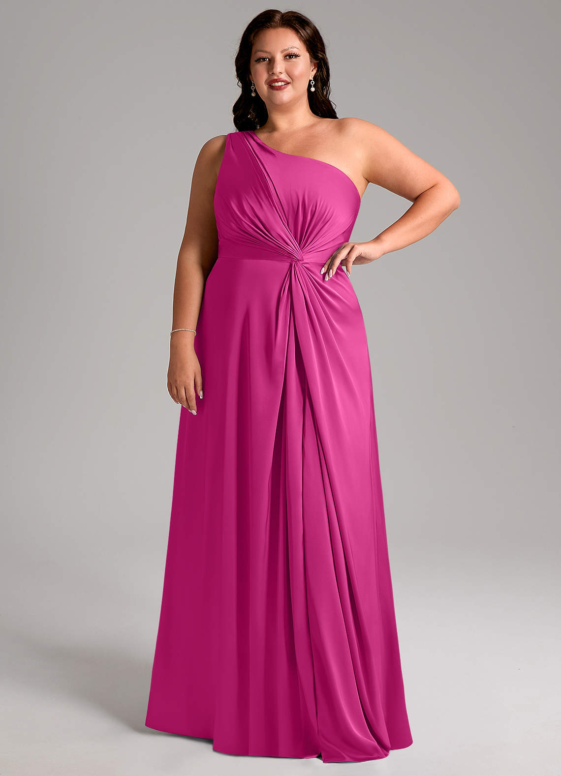 Azazie Brooke Vestidos de damas de honor Vestido de Fucsia de Satén Elástico de Corte en A con Hombro unilateral image11