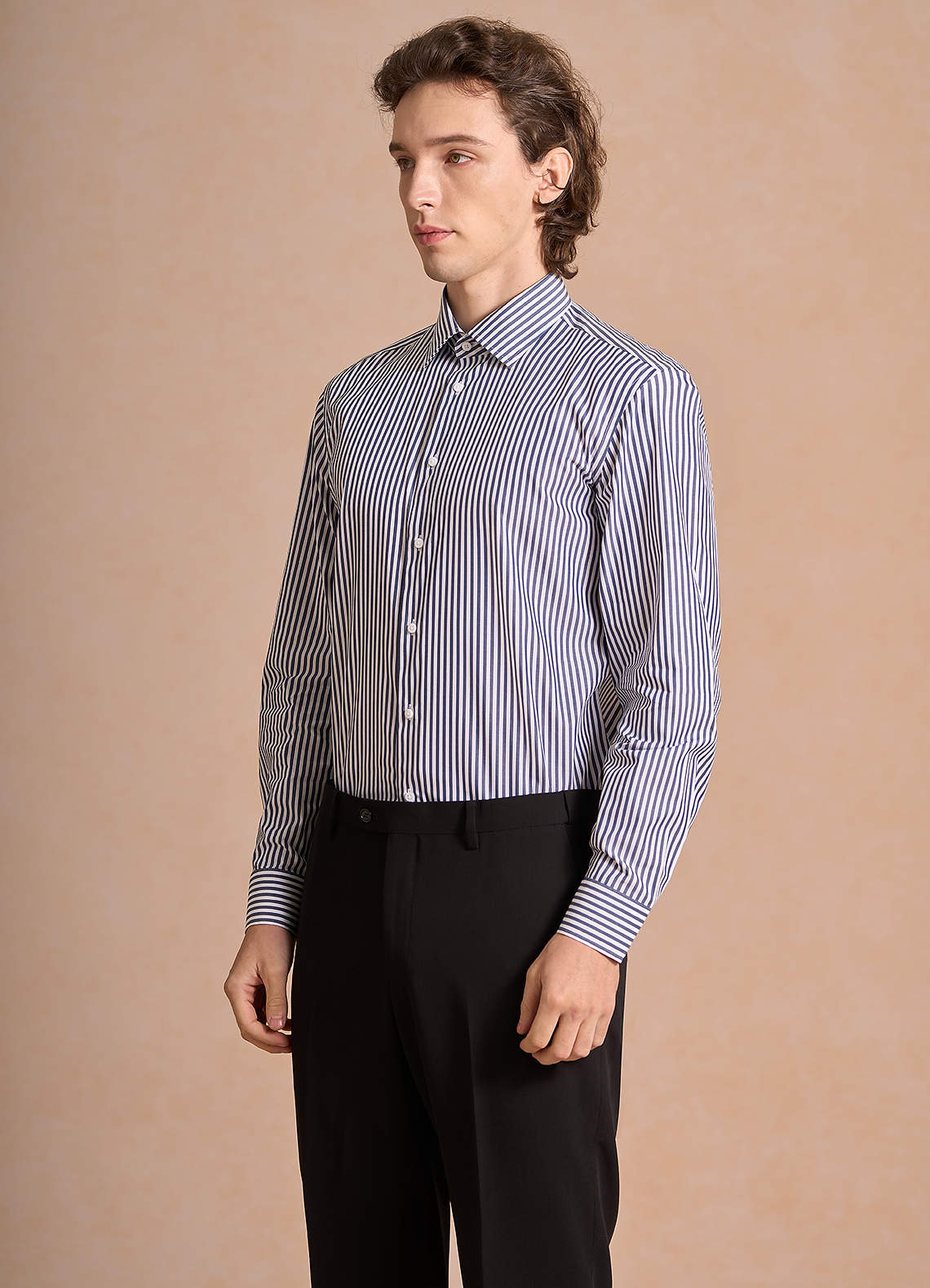 front Aiden White Navy Blue 100% Cotton Non-Iron Striped Dress Shirt