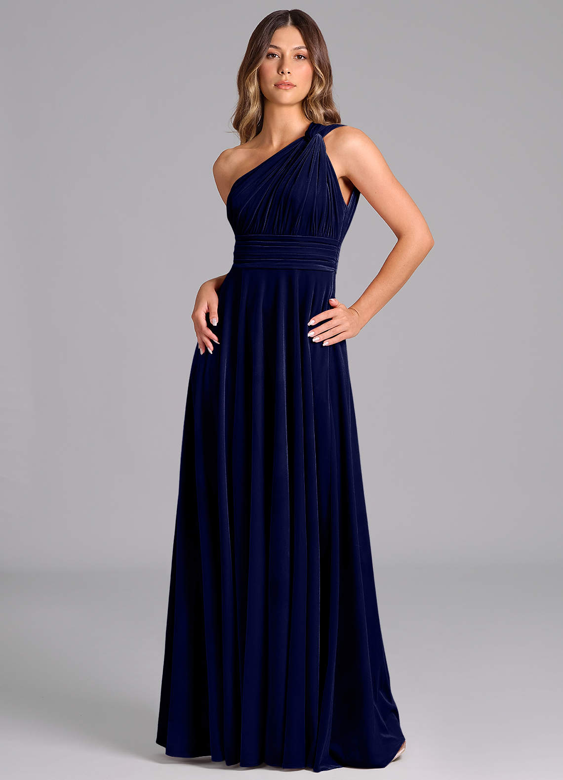 Azazie Charlize Bridesmaid Dresses Dark Navy A-Line One Shoulder Velvet Dress image4