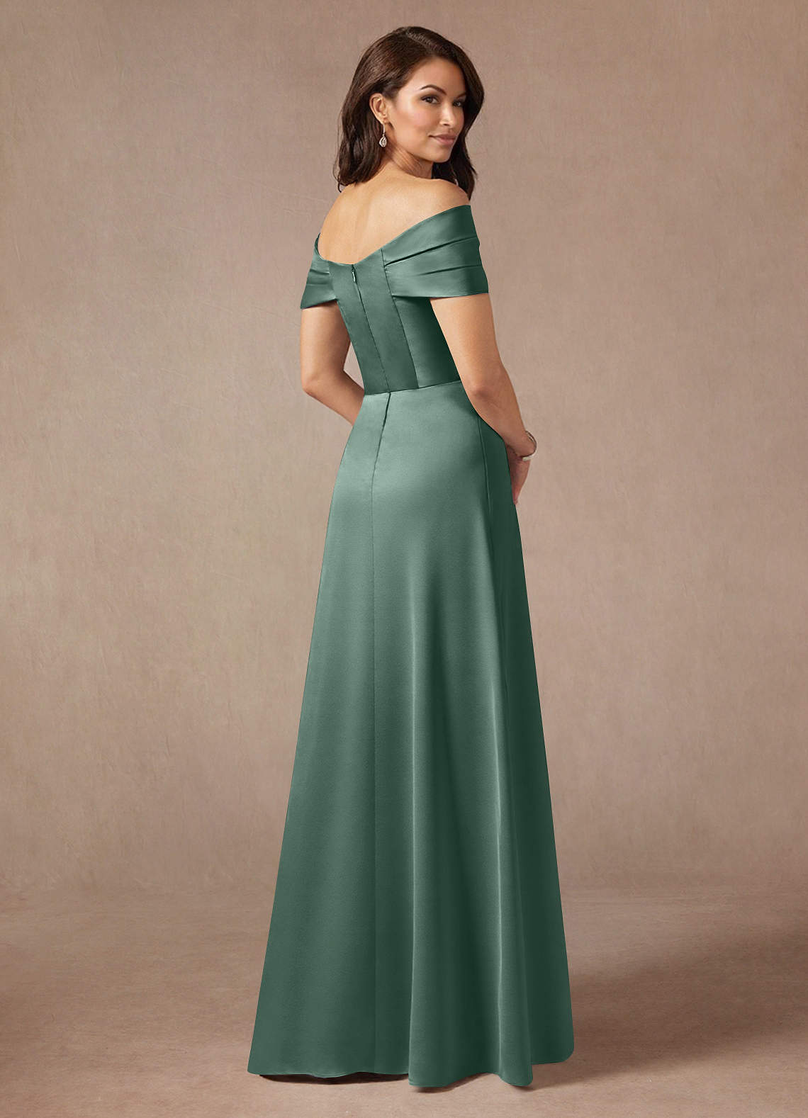 Azazie Amelia Mother of the Bride Dresses Eucalyptus A-Line Off the Shoulder Stretch Satin Dress image1