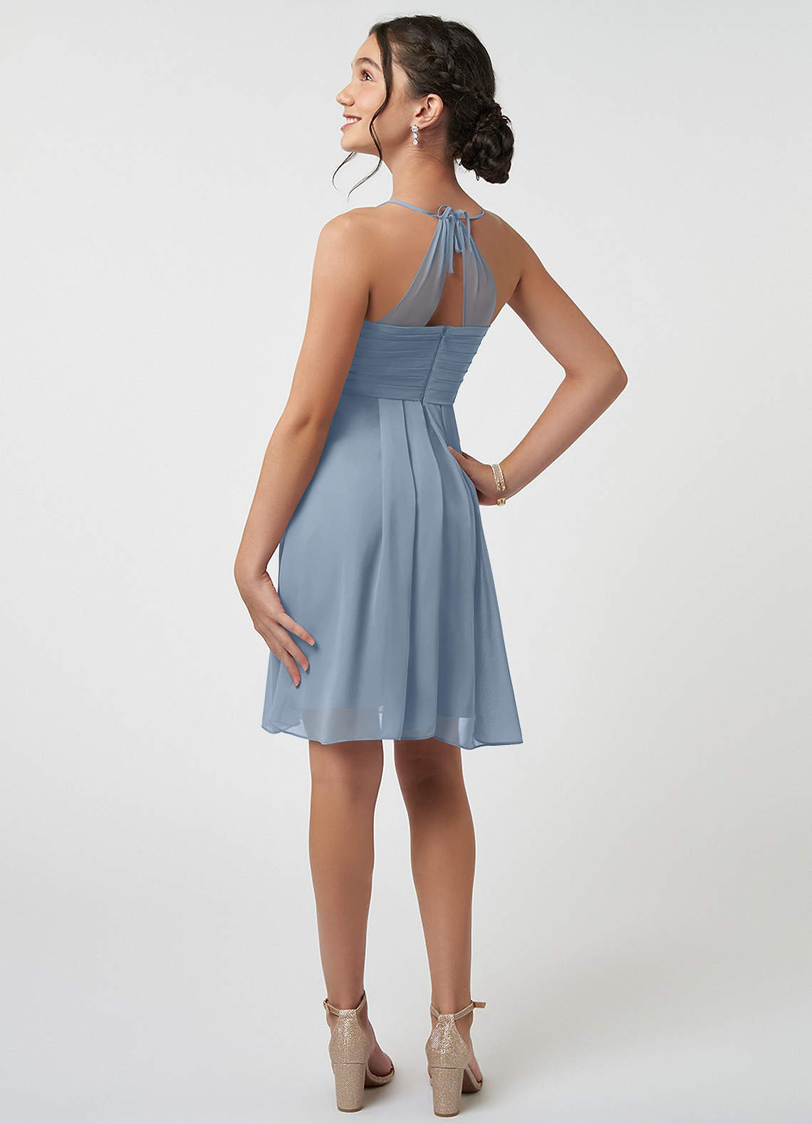 Azazie Ginny Junior Dusty Blue A-Line Pleated Chiffon Dress image3