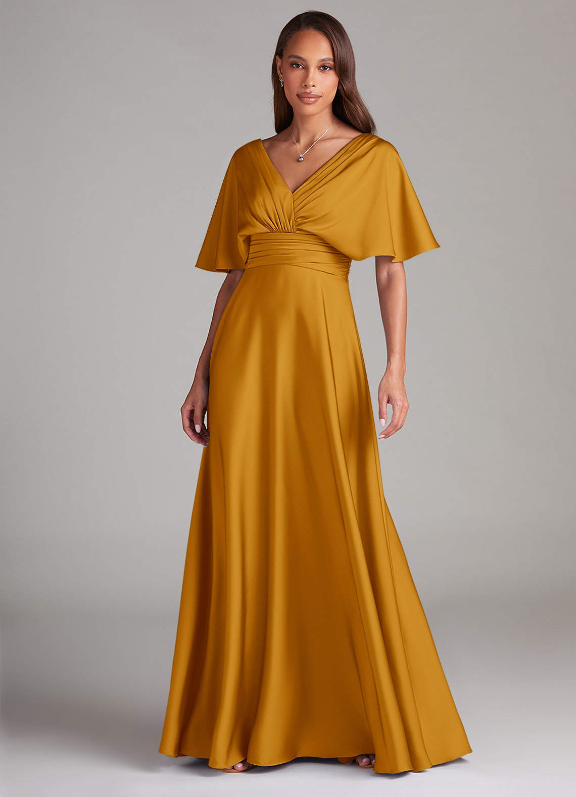 Azazie Pamela Bridesmaid Dresses Butterscotch A-Line Pleated Stretch Satin Dress image1
